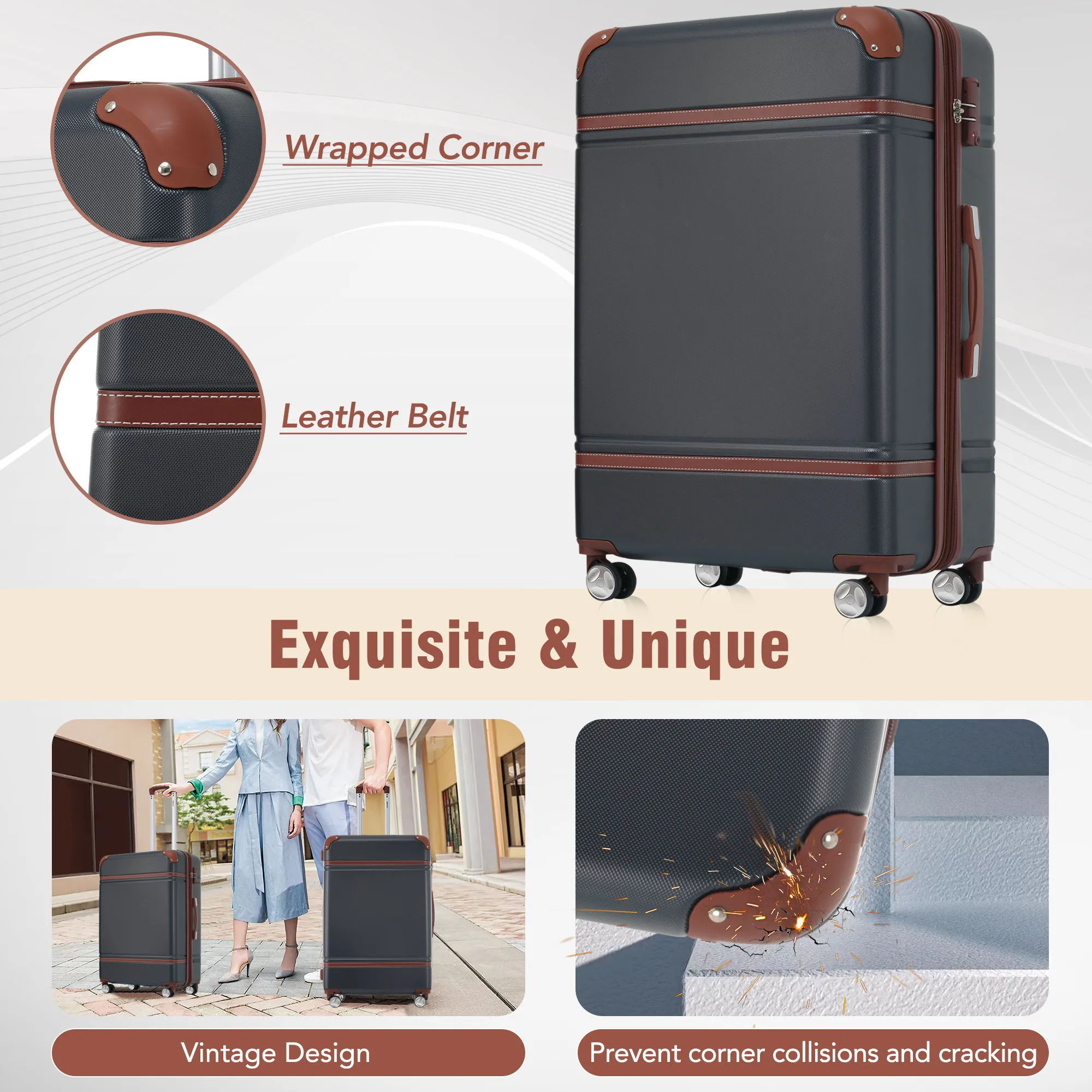 20" Hardside Luggage With Cosmetic Case, 2 Piece Lightweight Suitcase Set With Spinner Wheels, Carry On Vintage Luggage