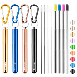 4 Pack Portable Reusable Metal Straw Collapsible Stainless Steel Drinking Straw Telescopic Straw to Drink Water Smoothie with Aluminum Key-chain Case & Cleaning Brush （Black & rose gold & blue & gold）