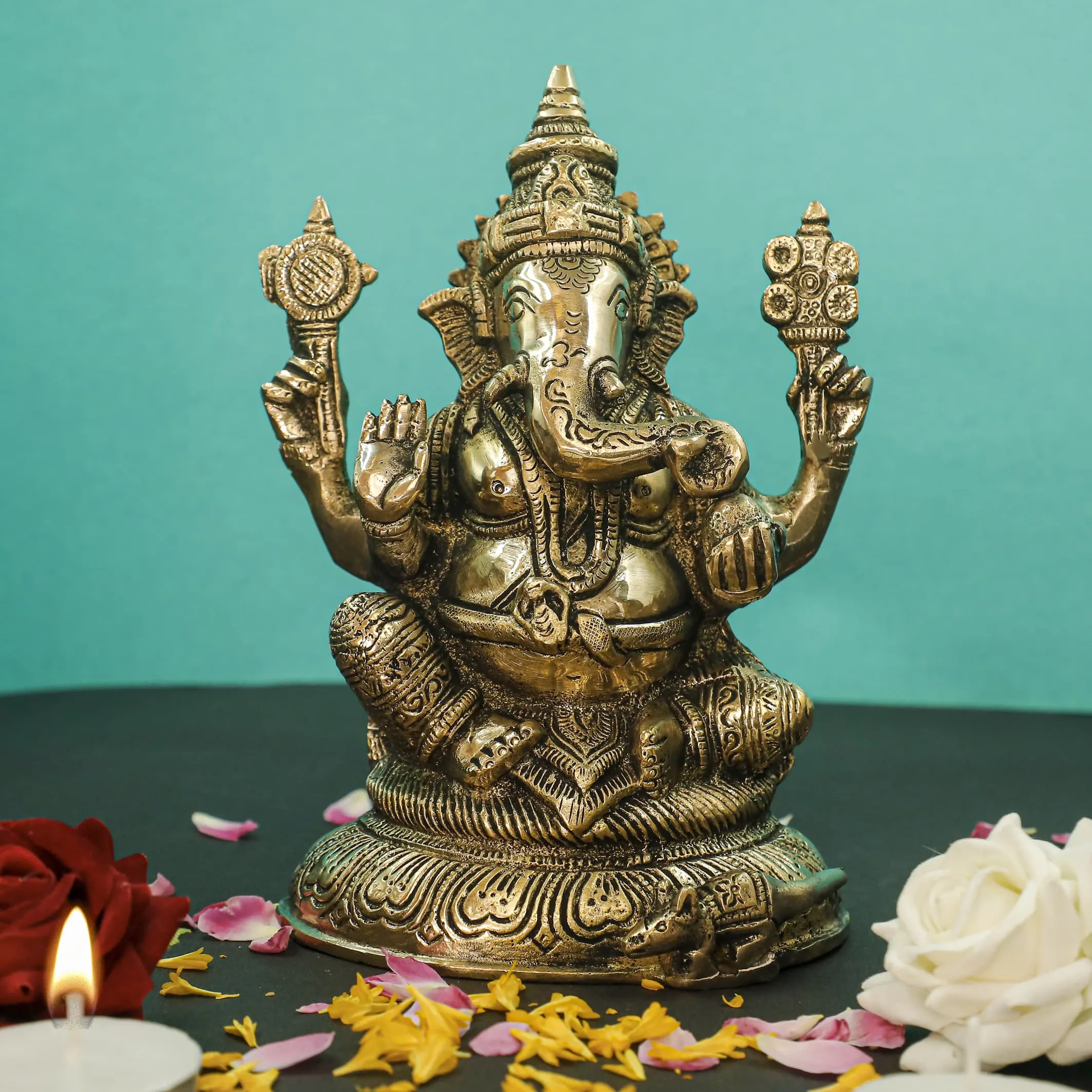 8 Inches Lakshmi Ganesh Brass Idol  - Pooja Statue for Home - Festive Decor