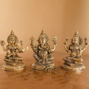 8 Inches Lakshmi Ganesh Saraswati Brass Idol  - Decorative Home Decor