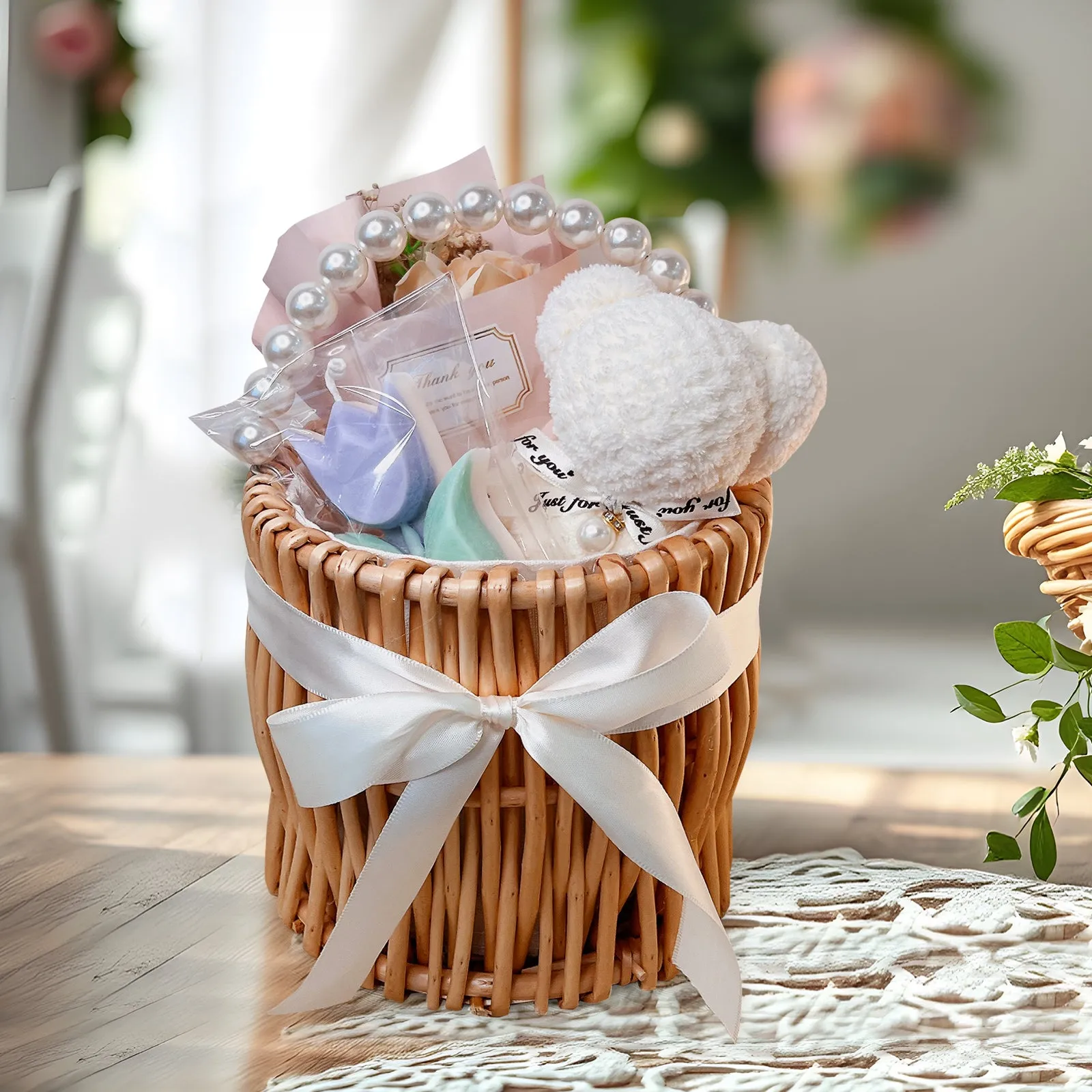 Adorable Gift Basket with Teddy Bear Towel, Handmade Scented Candle & Soap Flower