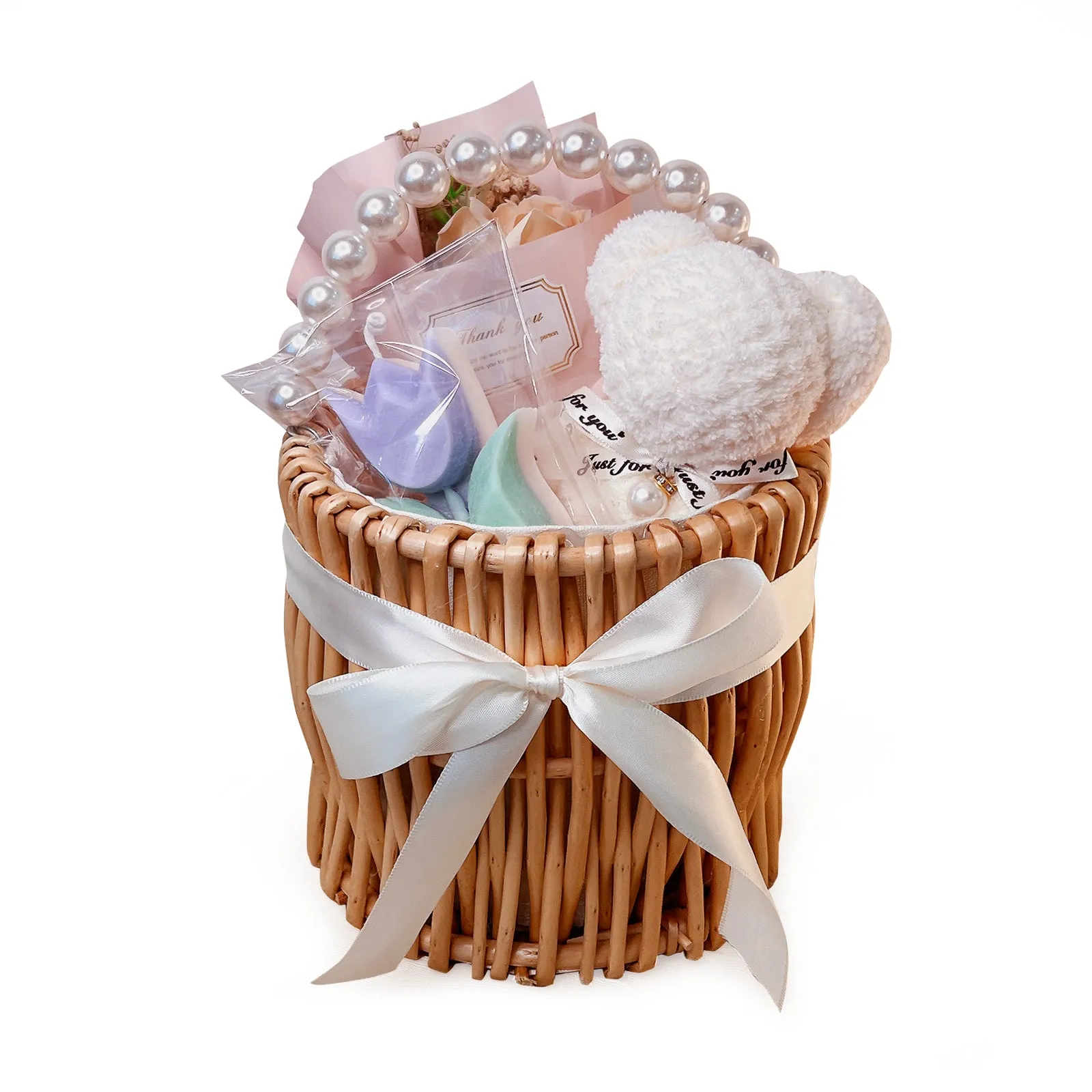 Adorable Gift Basket with Teddy Bear Towel, Handmade Scented Candle & Soap Flower