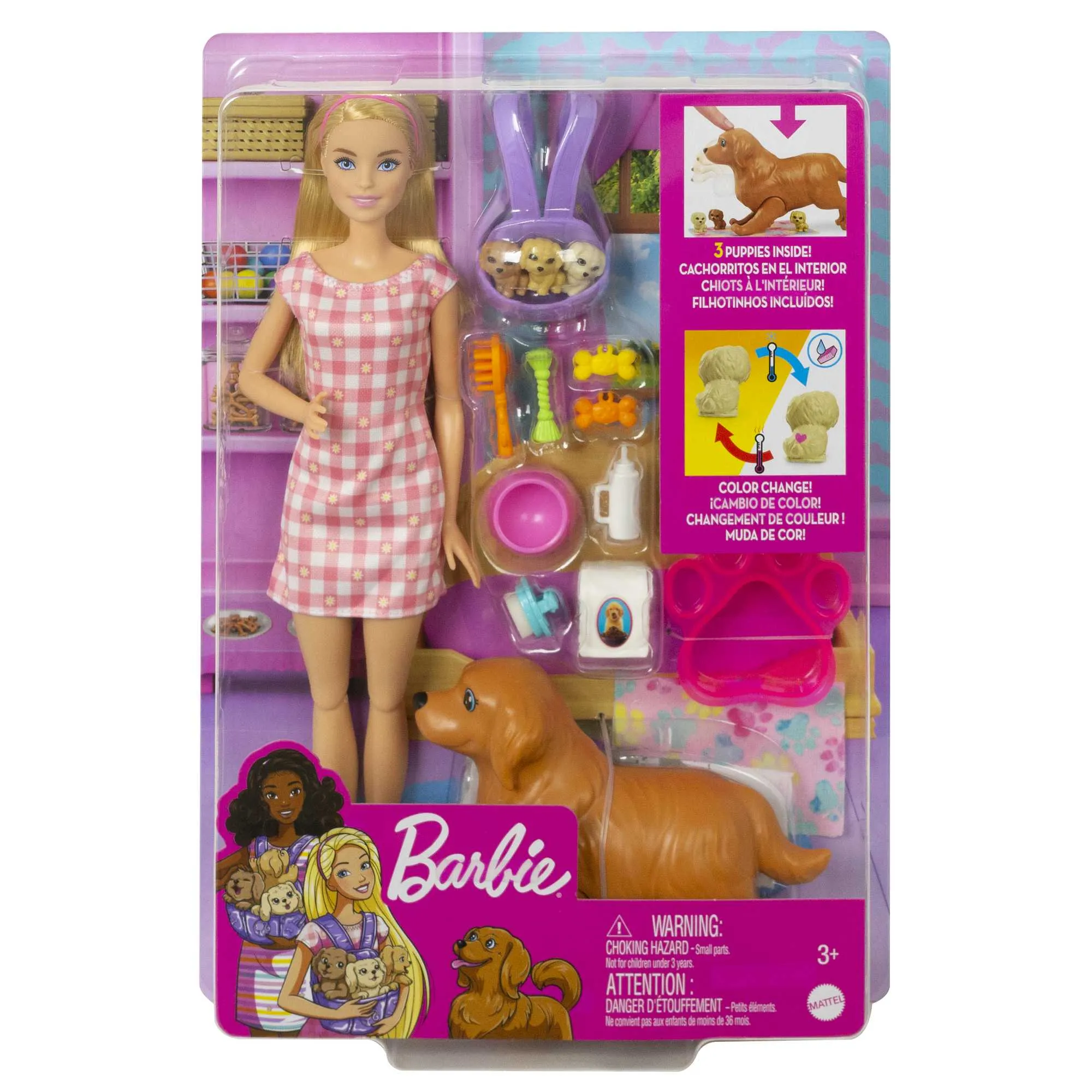 Barbie Doll Newborn Pups Playset With Blonde Doll, Mommy Dog And 3 Puppies, Kids Toys