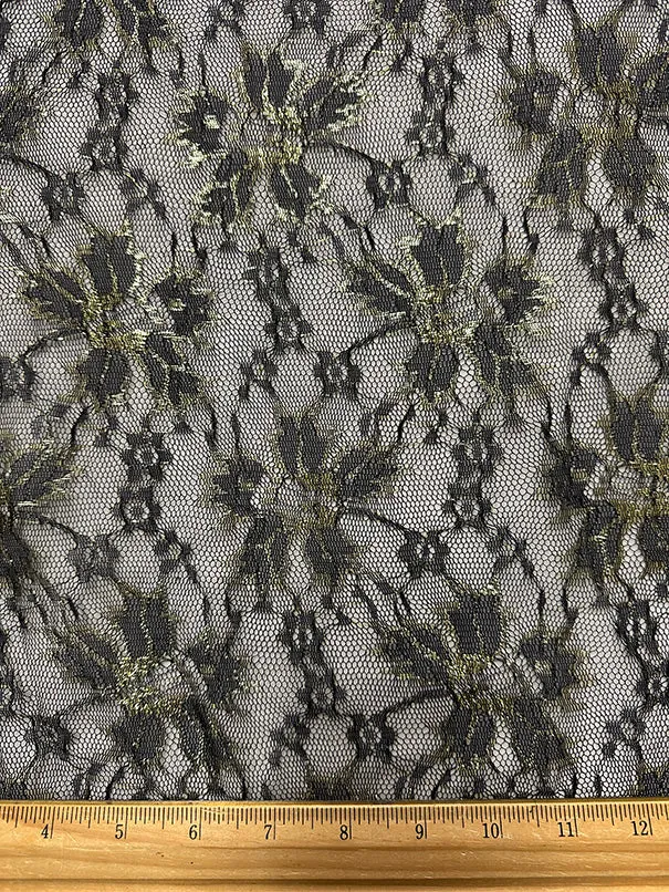 Black and Metallic Gold Floral Mesh Lace Fabric