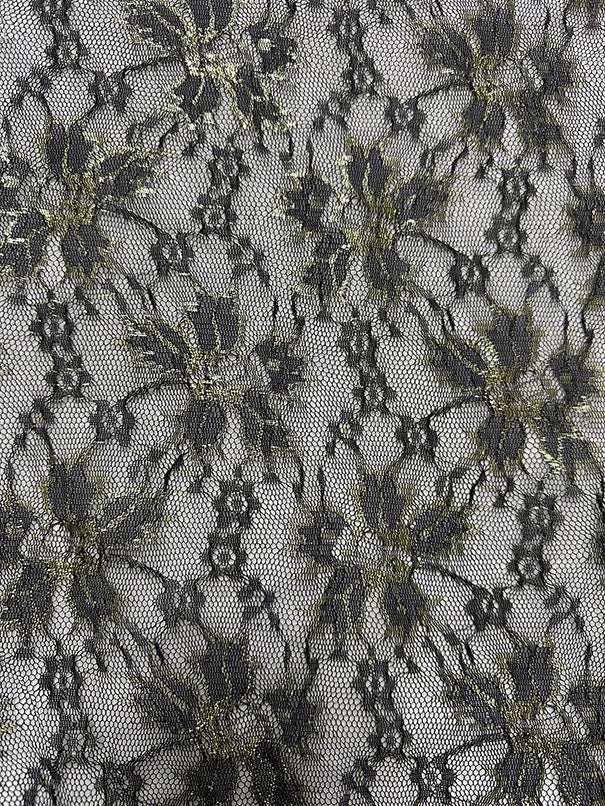 Black and Metallic Gold Floral Mesh Lace Fabric