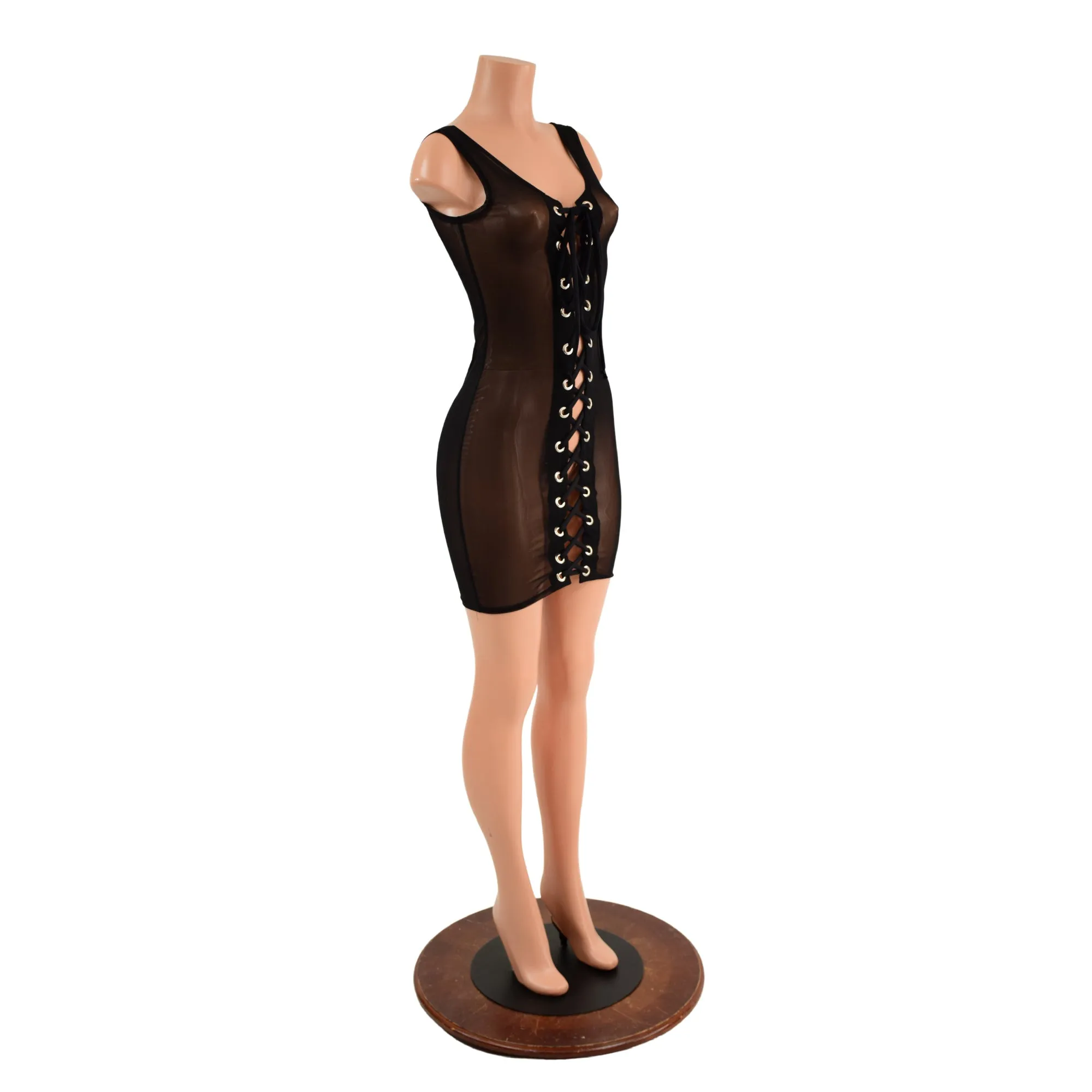 Black Mesh Tank Dress with Double Laceup