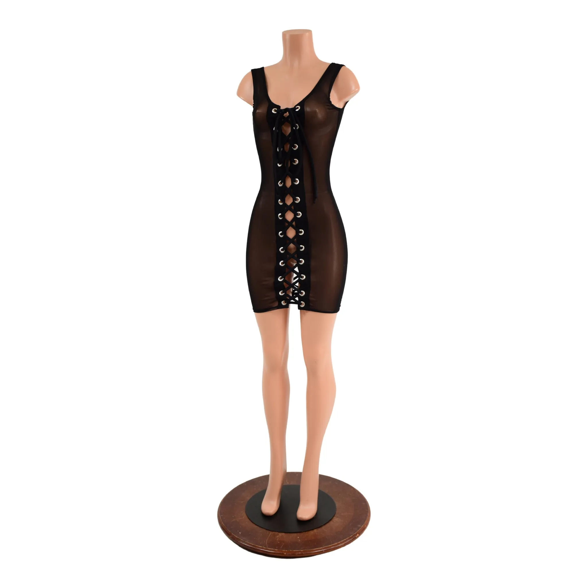 Black Mesh Tank Dress with Double Laceup