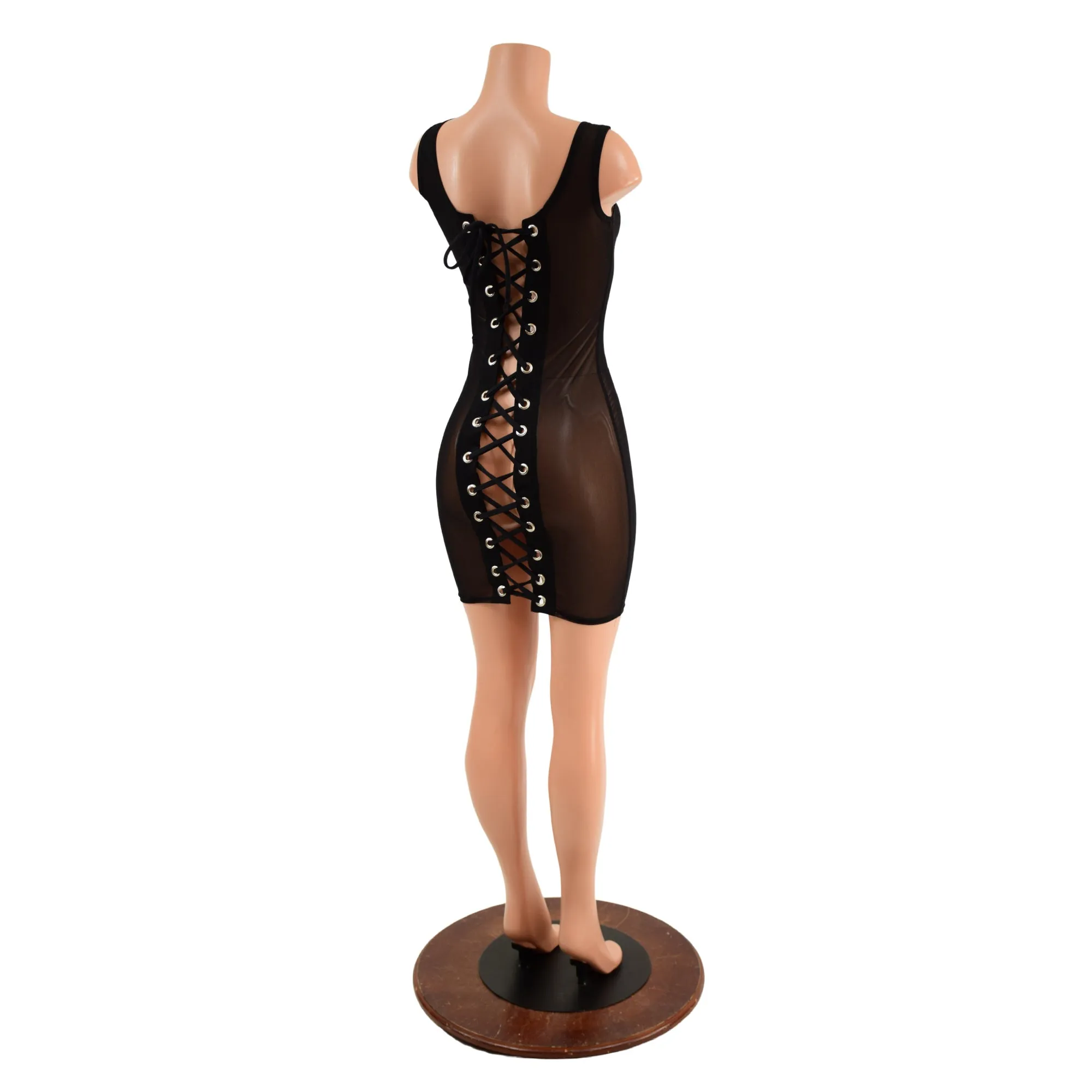 Black Mesh Tank Dress with Double Laceup