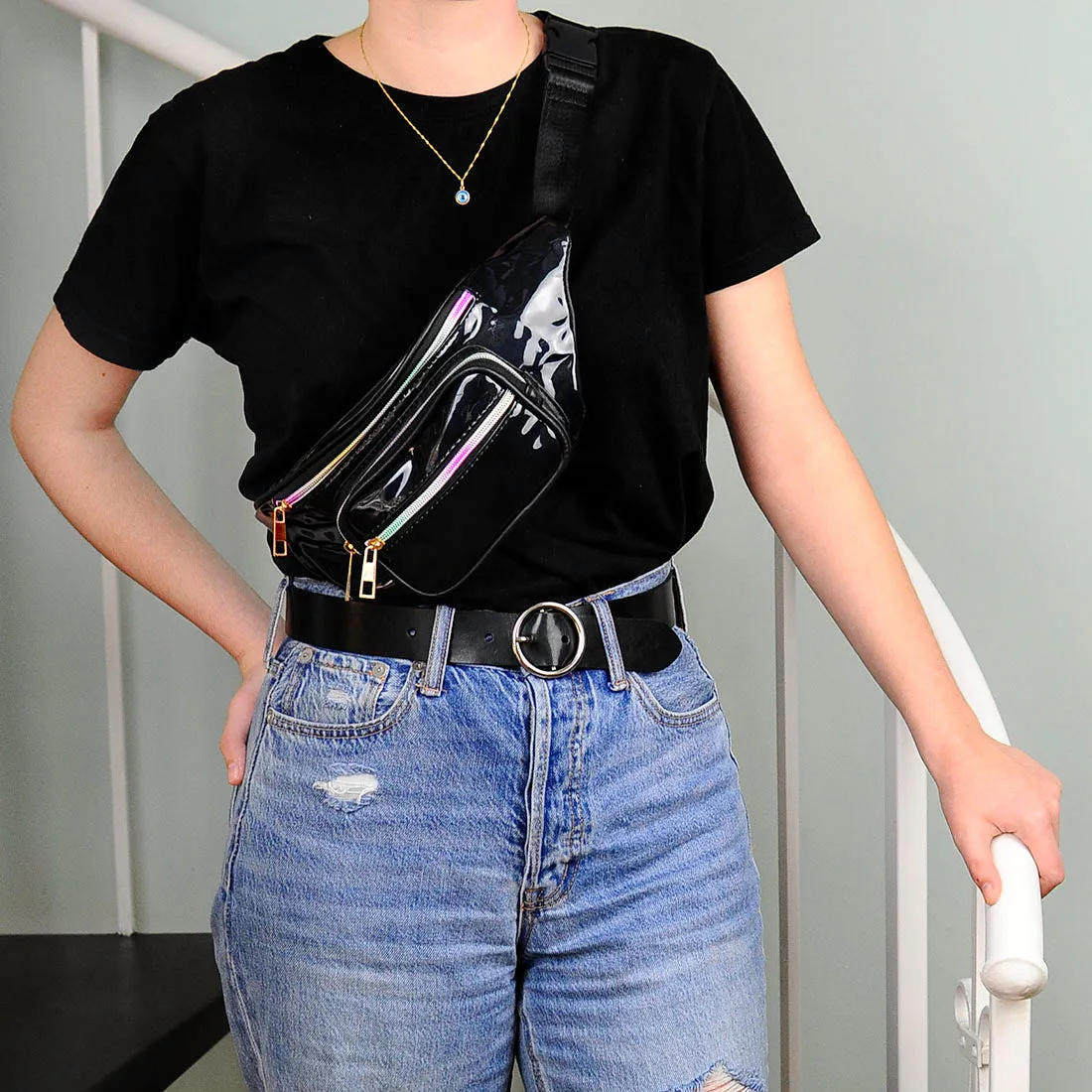 Black Patent Pleather Classic Fanny Pack With Iridescent Zippers