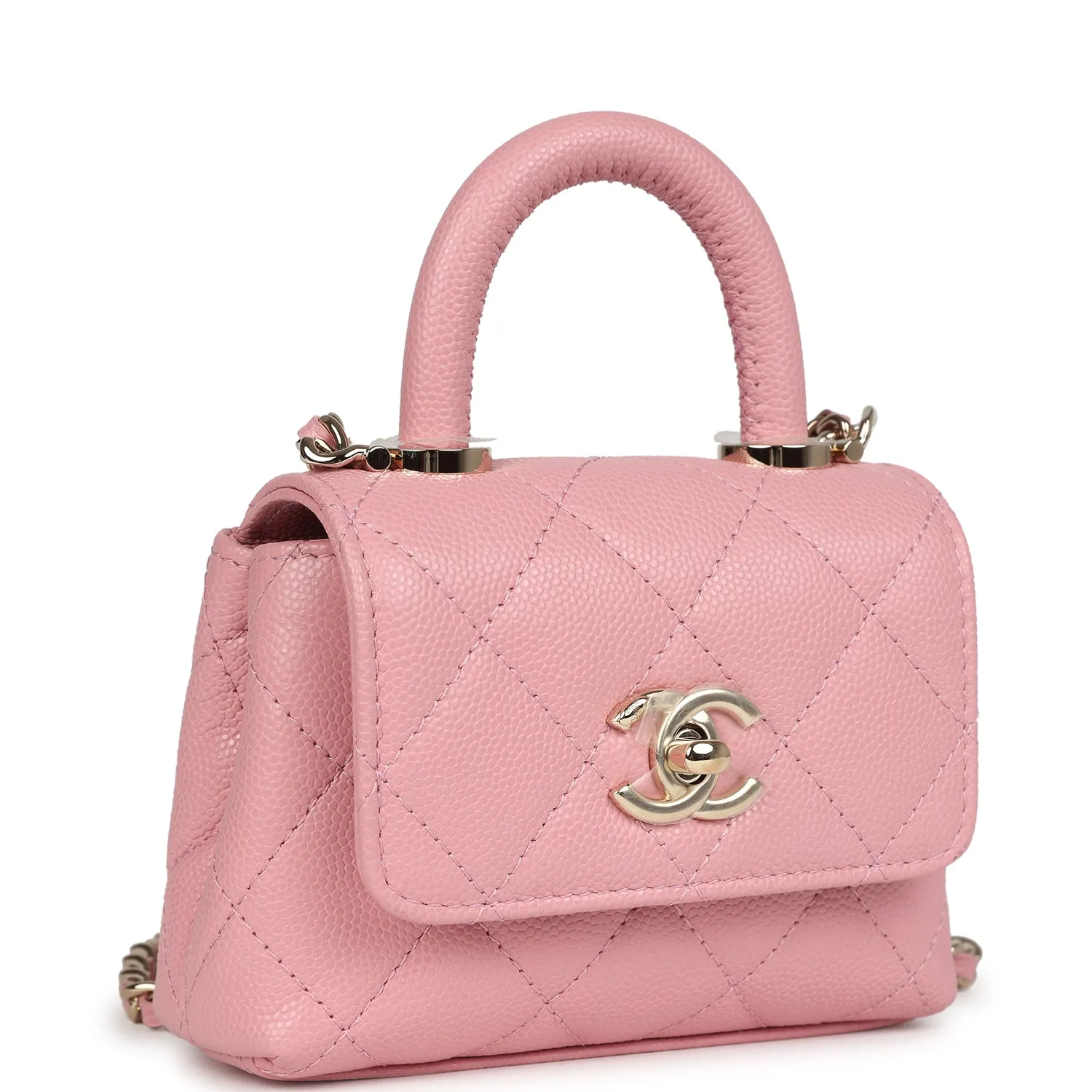 Chanel Nano Coco Top Handle Flap Bag Pink Grained Calfskin Light Gold Hardware