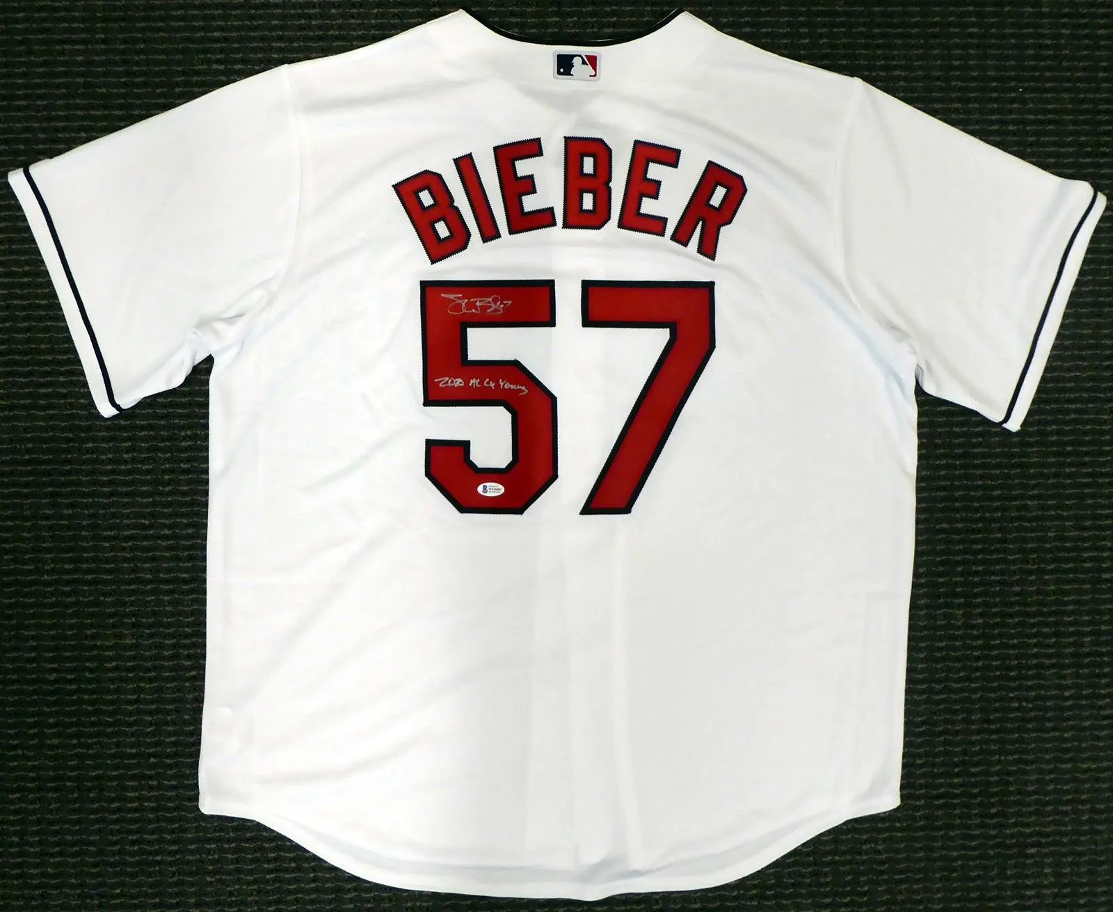 Cleveland Indians Shane Bieber Autographed White Majestic Jersey Size XL "2020 AL Cy Young" Beckett BAS Stock #190032