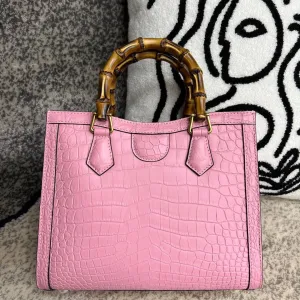 Crocodile Skin Leather Shoulder Crossbody Bag With Bamboo Handle Pink