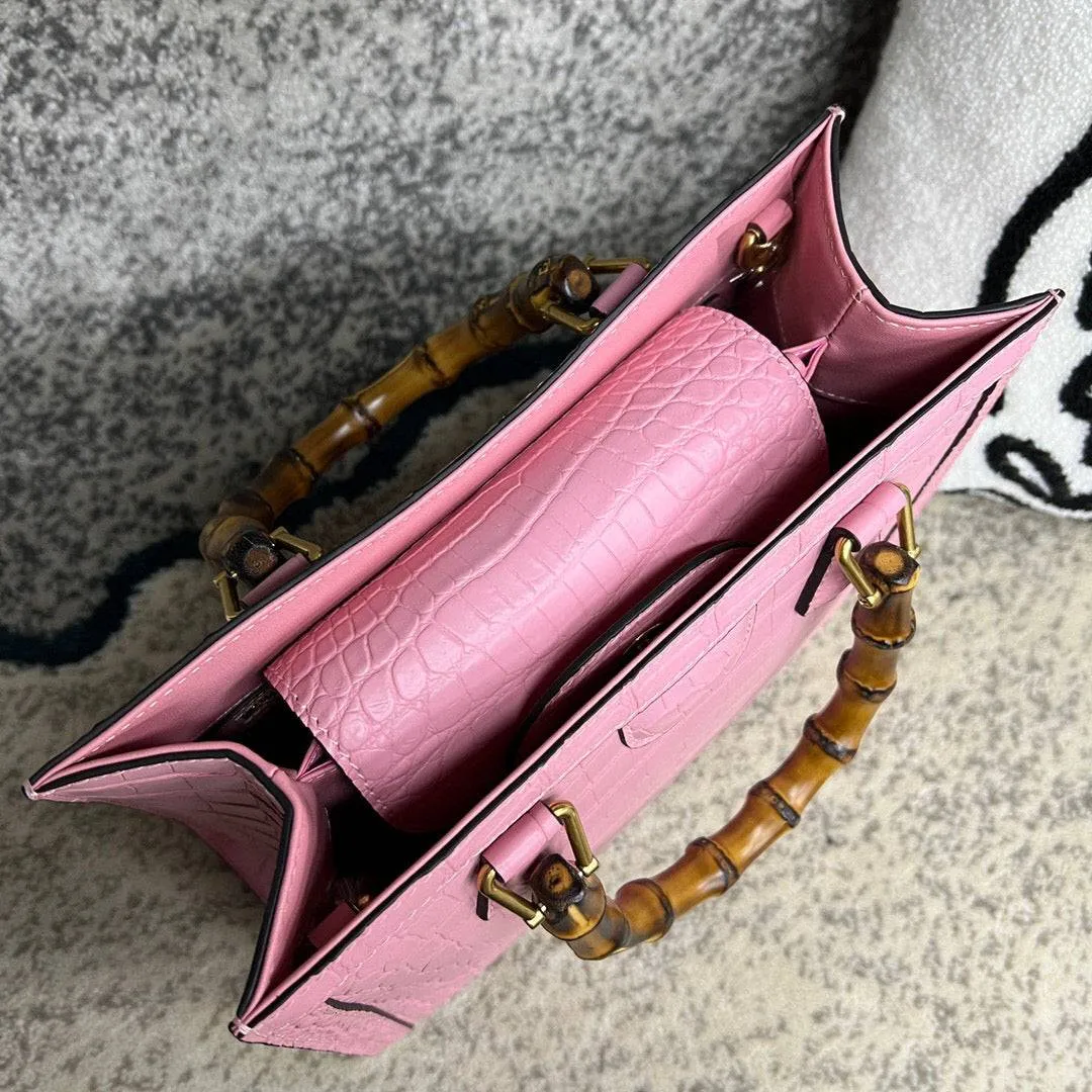 Crocodile Skin Leather Shoulder Crossbody Bag With Bamboo Handle Pink