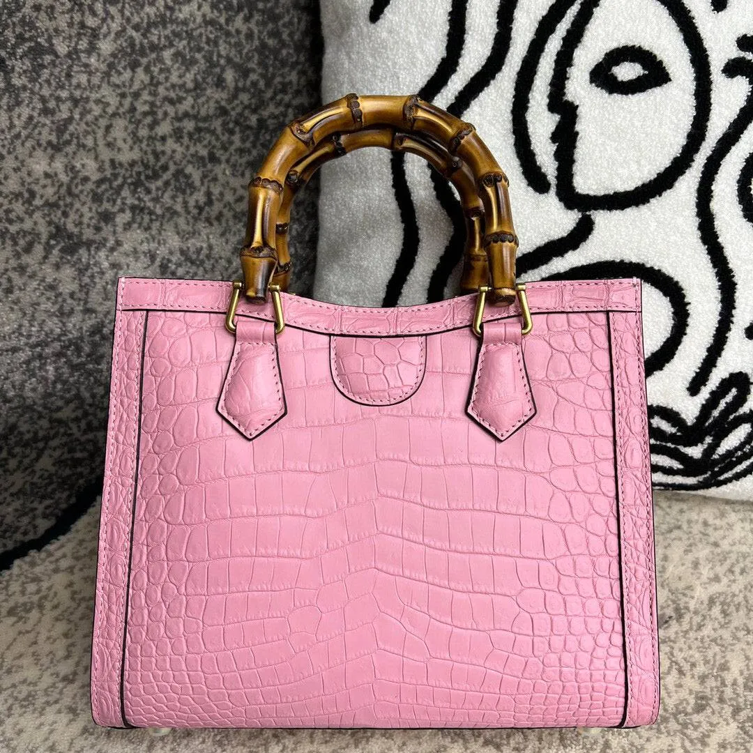 Crocodile Skin Leather Shoulder Crossbody Bag With Bamboo Handle Pink