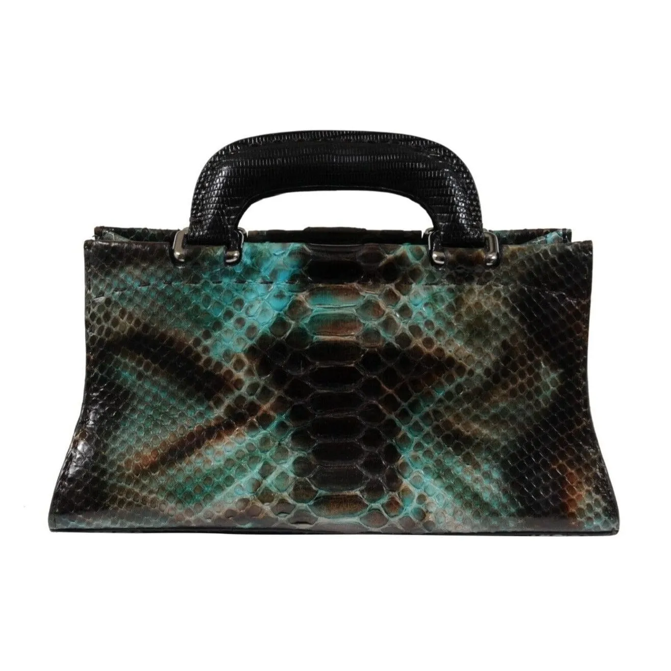 Crossbody Bag Green Black Python Leather Snake Skin Top Handle Purse