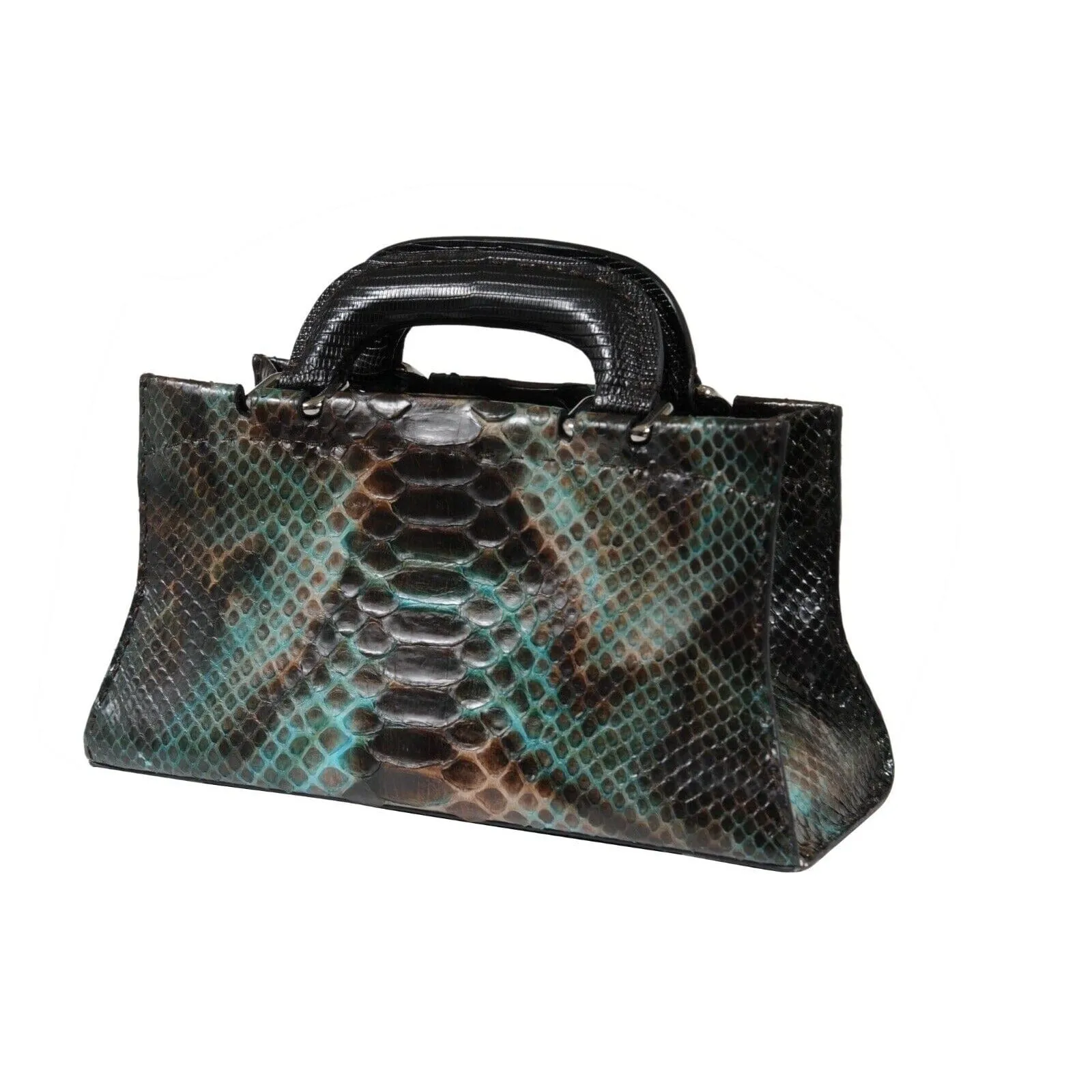 Crossbody Bag Green Black Python Leather Snake Skin Top Handle Purse