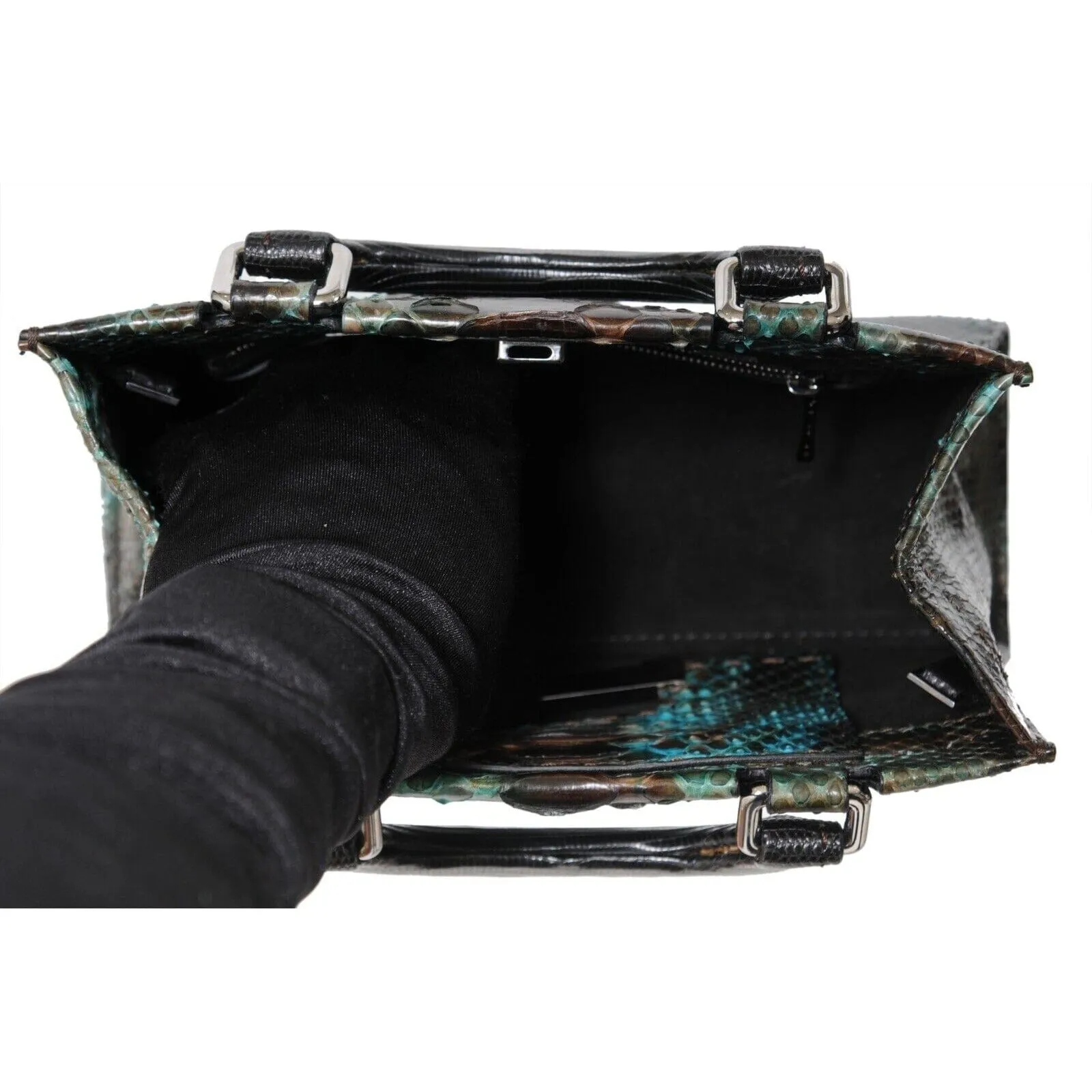 Crossbody Bag Green Black Python Leather Snake Skin Top Handle Purse