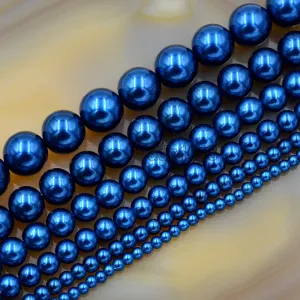 Czech Capri Blue Satin Luster Glass Pearl Round Beads on a 15.5" Strand