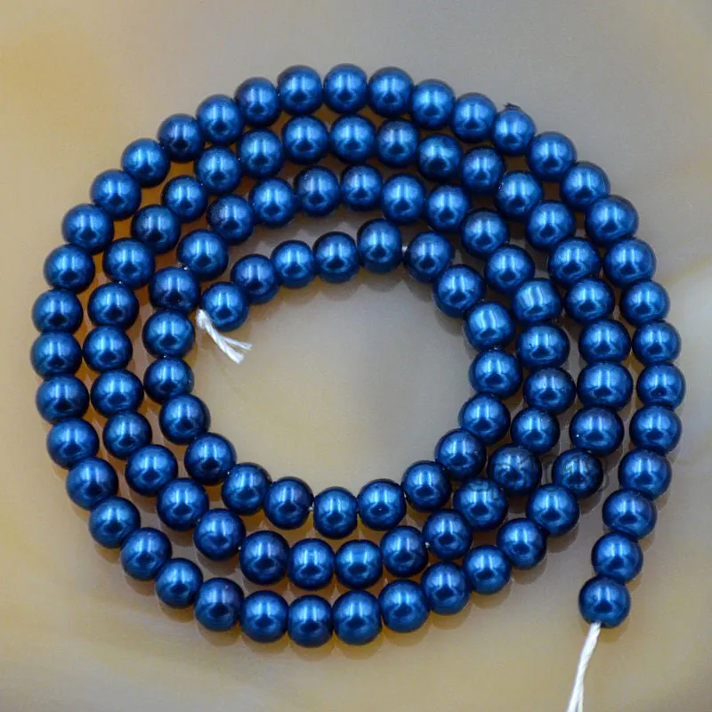 Czech Capri Blue Satin Luster Glass Pearl Round Beads on a 15.5" Strand