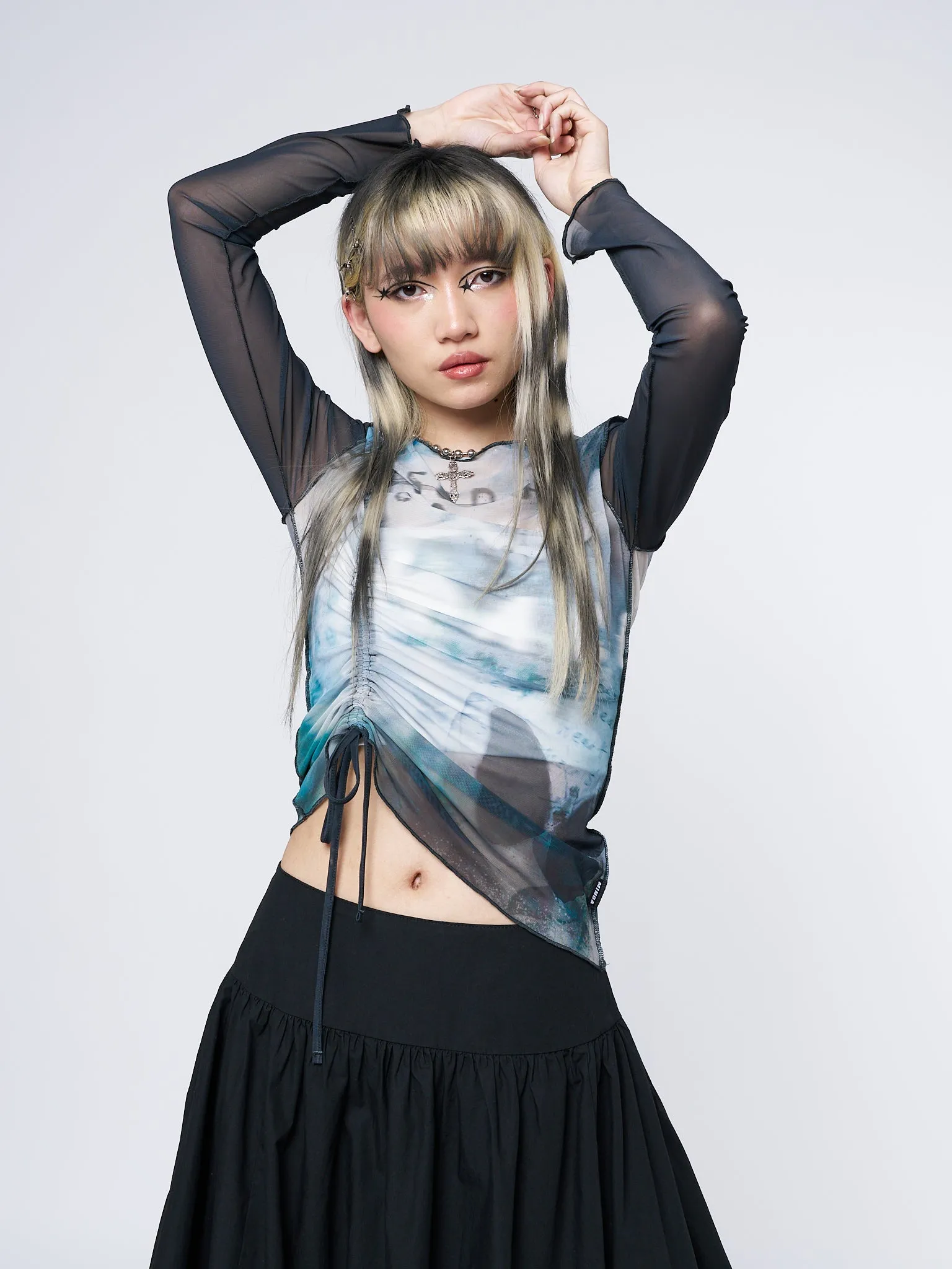 Echos Printed Mesh Ruched Tie Top