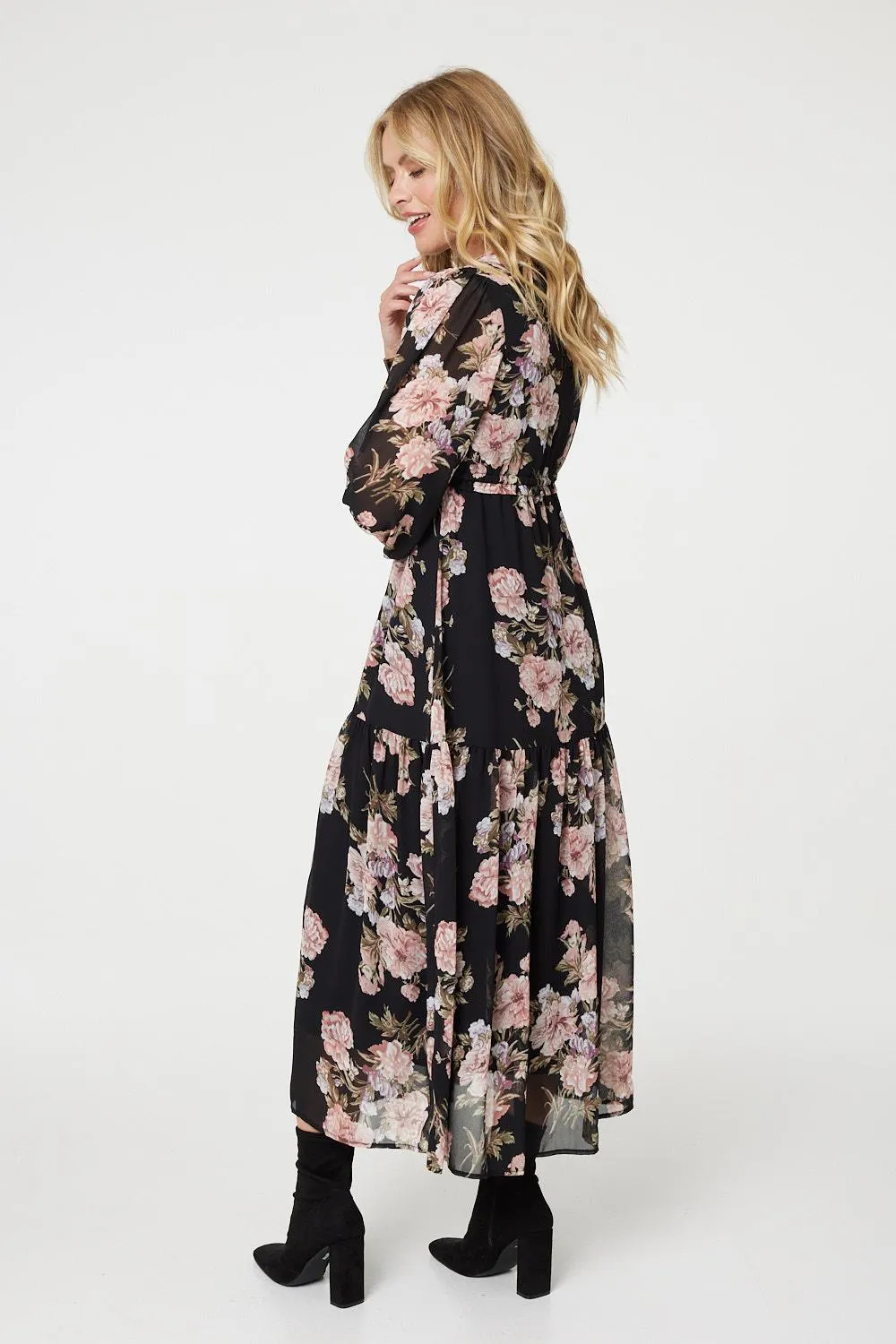 Floral Semi Sheer Empire Waist Midi Dress