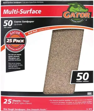 Gator 3267 Sanding Sheet, 11 in L, 9 in W, 50 Grit, Coarse, Aluminum Oxide Abrasive :EA: QUANTITY: 25