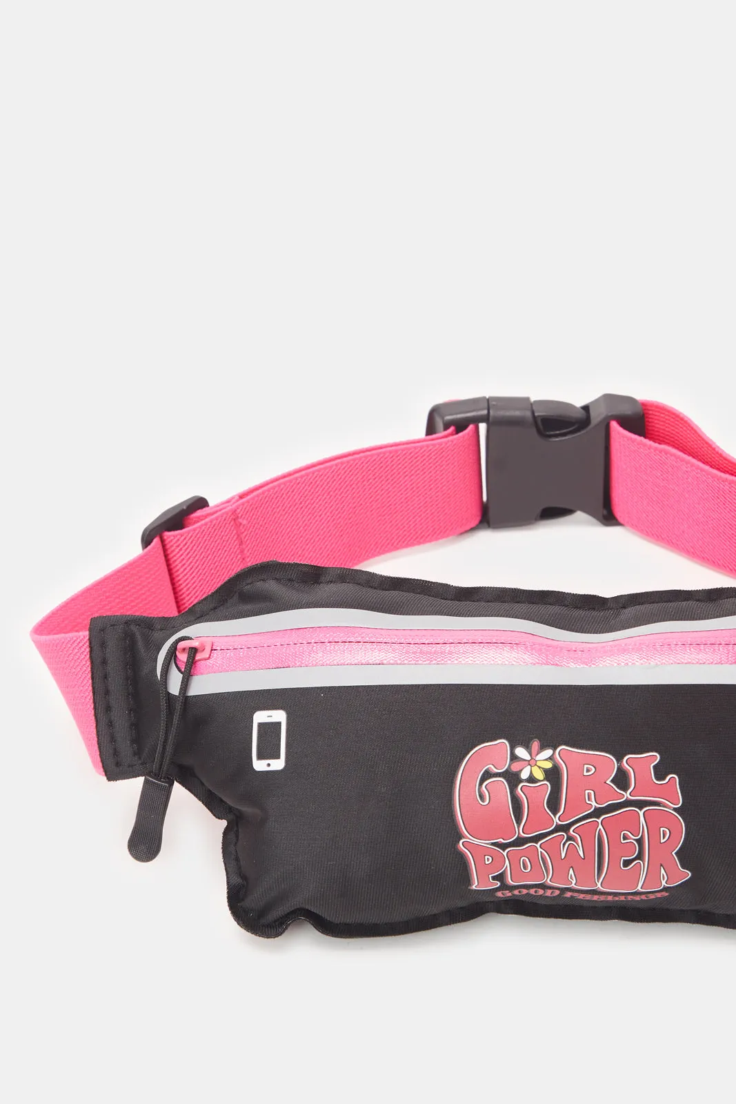 Girls Pink And Black Printed Waist Bag