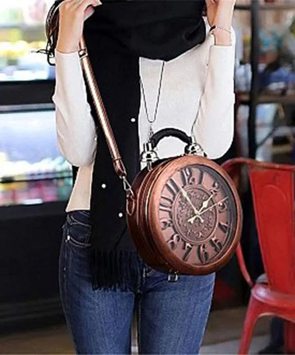 Gold Real Alarm Clock Vintage Women Crossbody Bag