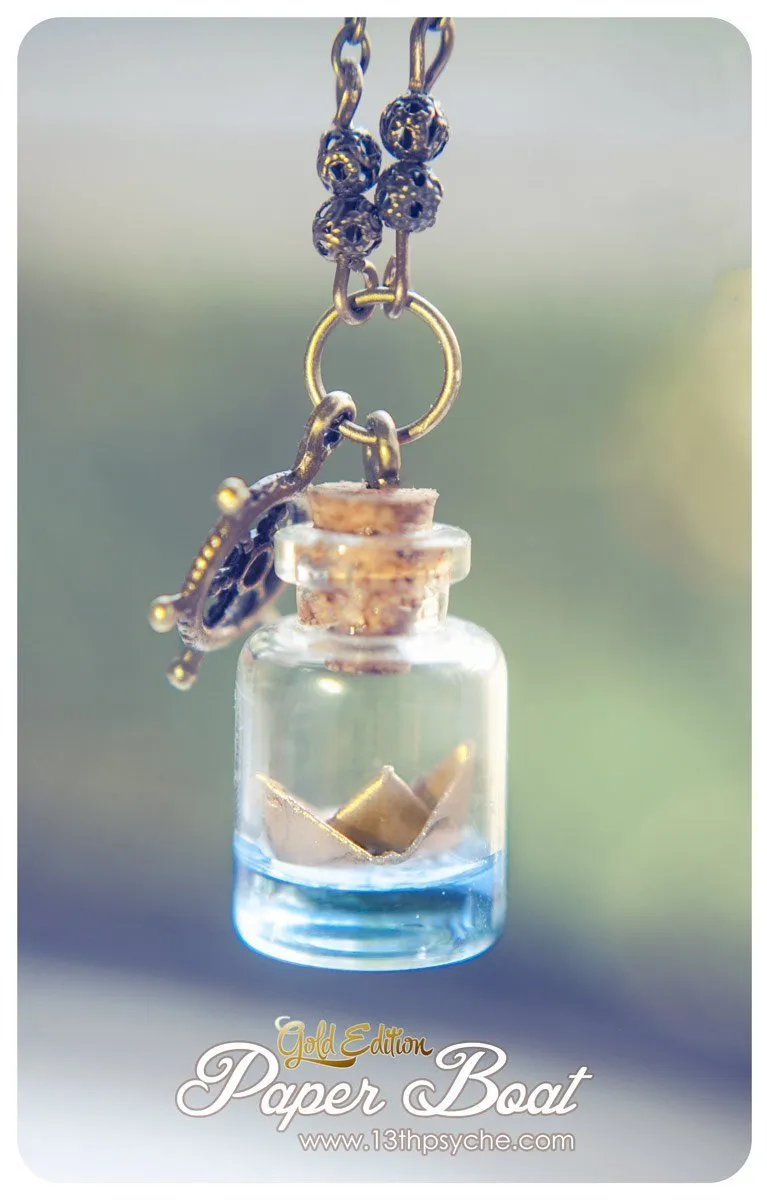 Golden origami paper boat bottle pendant necklace