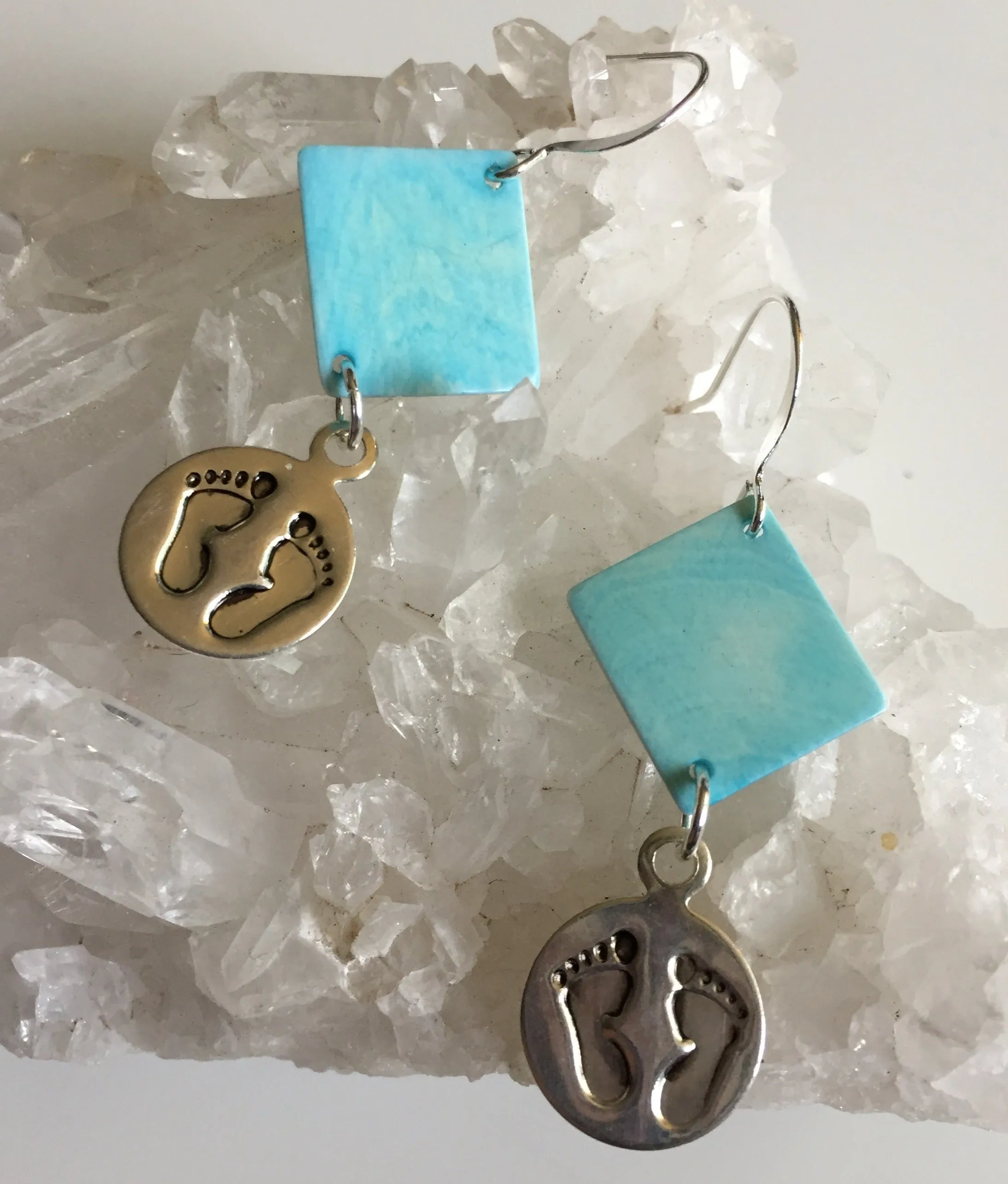 Handmade Stamped Baby Footprint & Pastel Pale Blue Shell Earrings Geometric New Mom Gift Baby Shower Lightweight Boy Girl