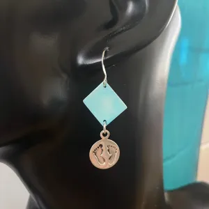 Handmade Stamped Baby Footprint & Pastel Pale Blue Shell Earrings Geometric New Mom Gift Baby Shower Lightweight Boy Girl