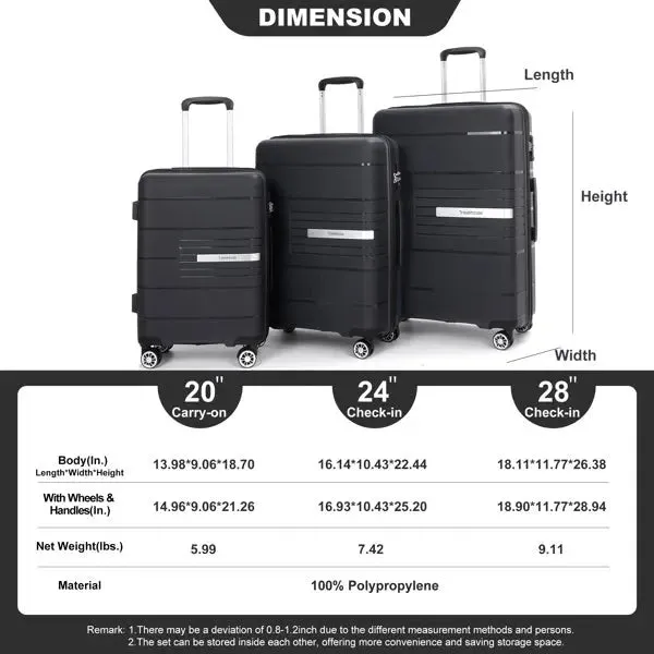 Hardshell Suitcase Double Spinner Wheels PP Luggage Sets Lightweight Durable Suitcase with TSA Lock,3-Piece Set (20/24/28) , Black