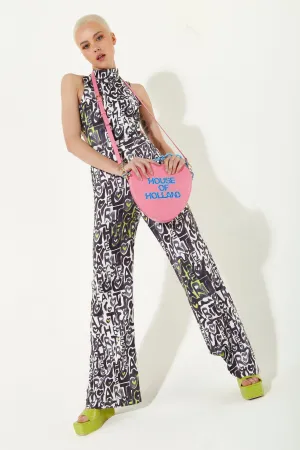 House Of Holland Heart Shape Cross Body Bag In Pink With A Chain Detail And Printed Logo