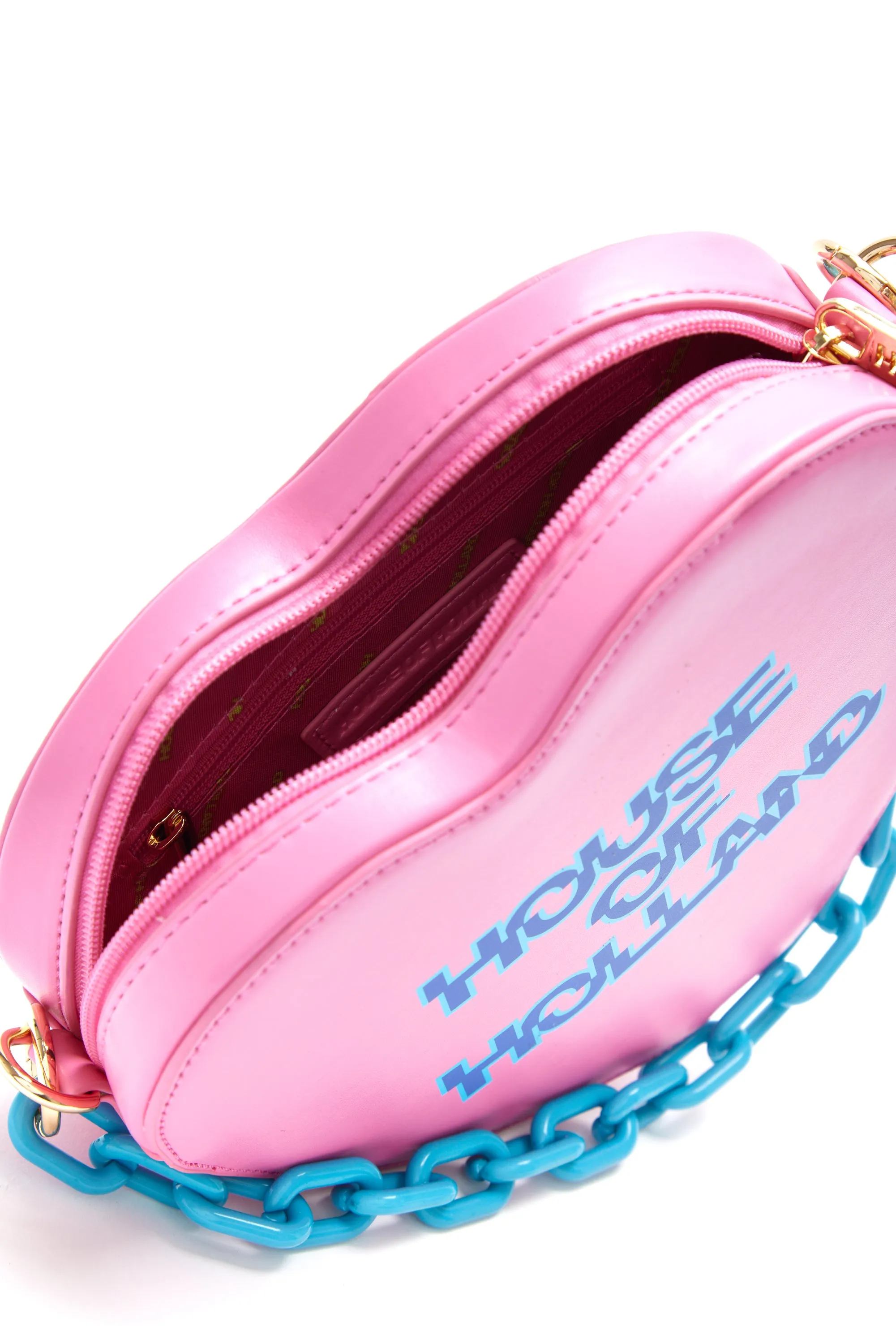 House Of Holland Heart Shape Cross Body Bag In Pink With A Chain Detail And Printed Logo