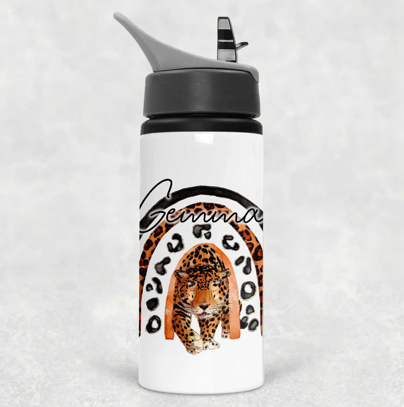 Leopard Rainbow Personalised Aluminium Straw Water Bottle 650ml