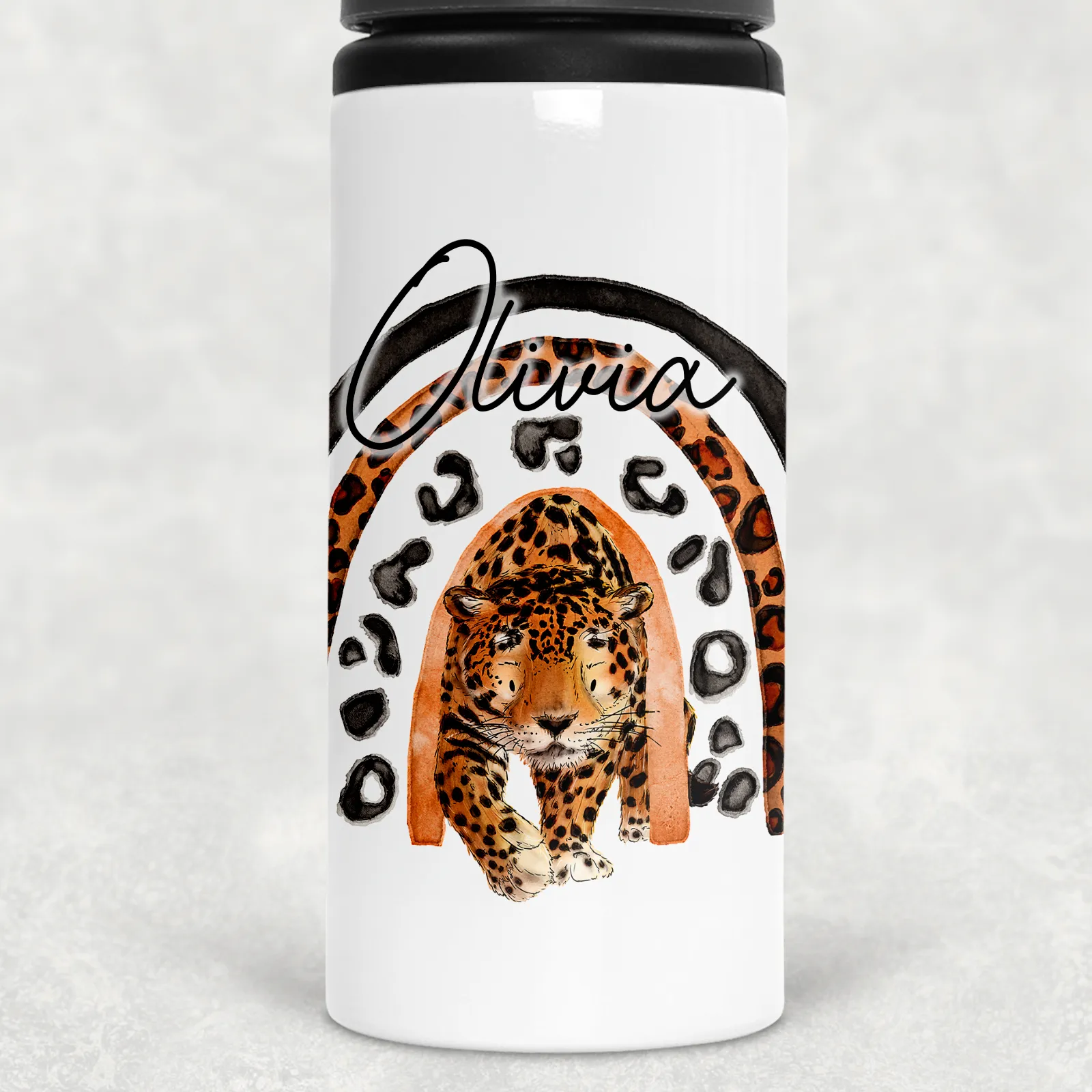 Leopard Rainbow Personalised Aluminium Straw Water Bottle 650ml