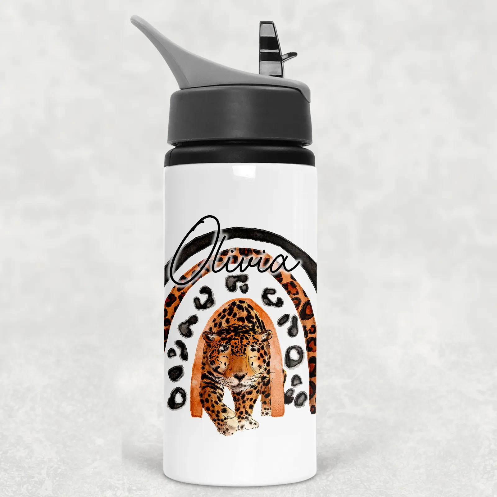 Leopard Rainbow Personalised Aluminium Straw Water Bottle 650ml