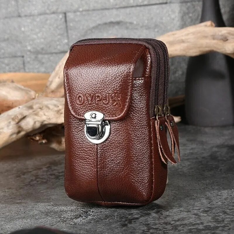 Men Genuine Leather Retro Business Waterproof 6.3 Inch Phone Bag Waist With Belt Loop