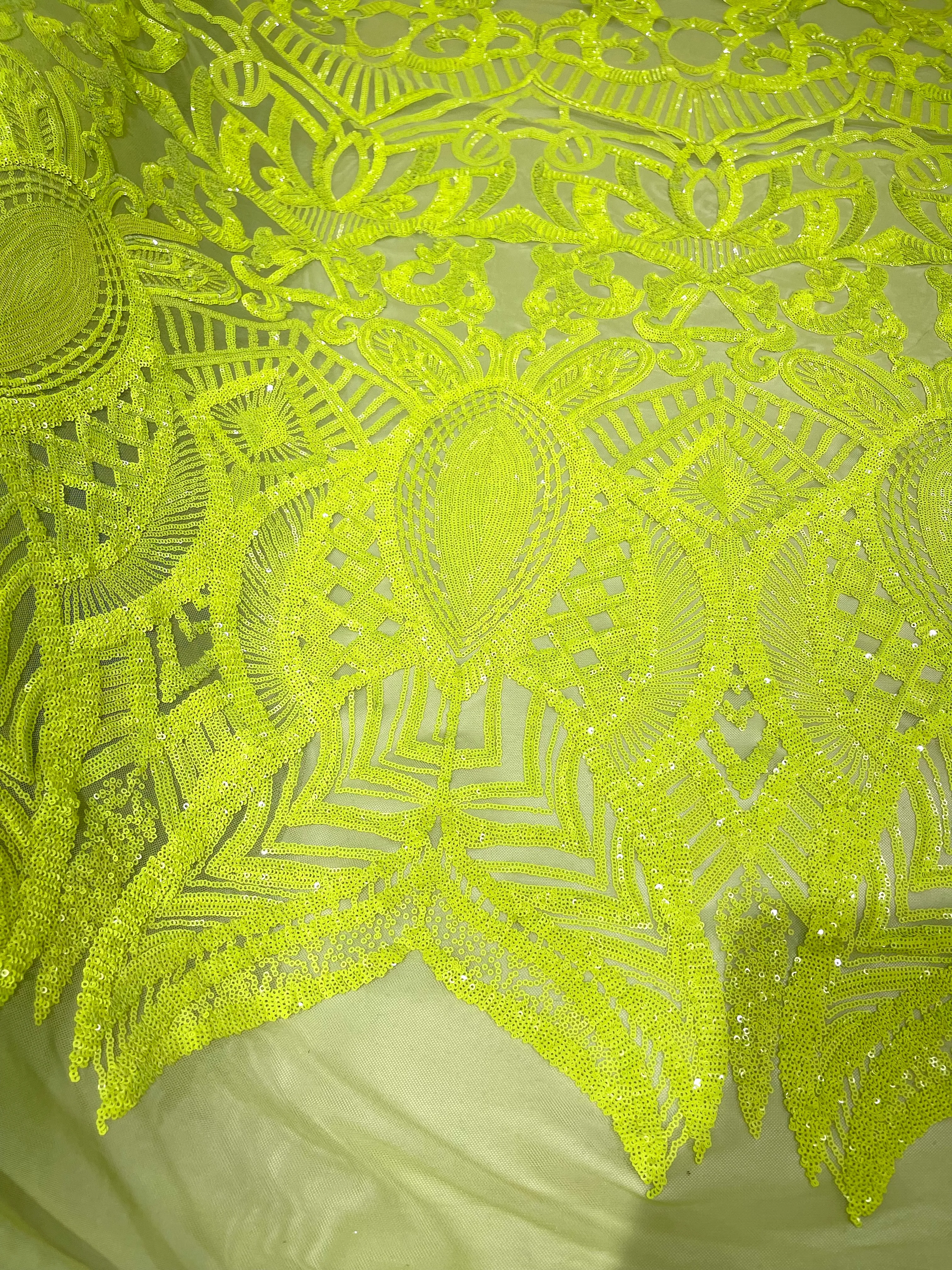 Neon Green iridescent royalty design on a green 4 way stretch mesh-prom-sold by the yard.