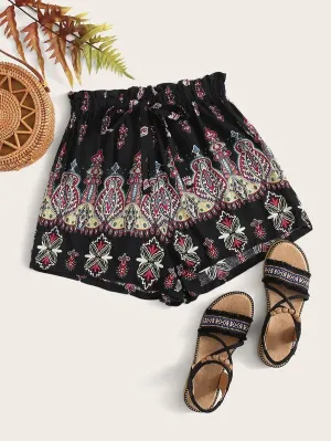 Paperbag Waist Tribal Print Shorts