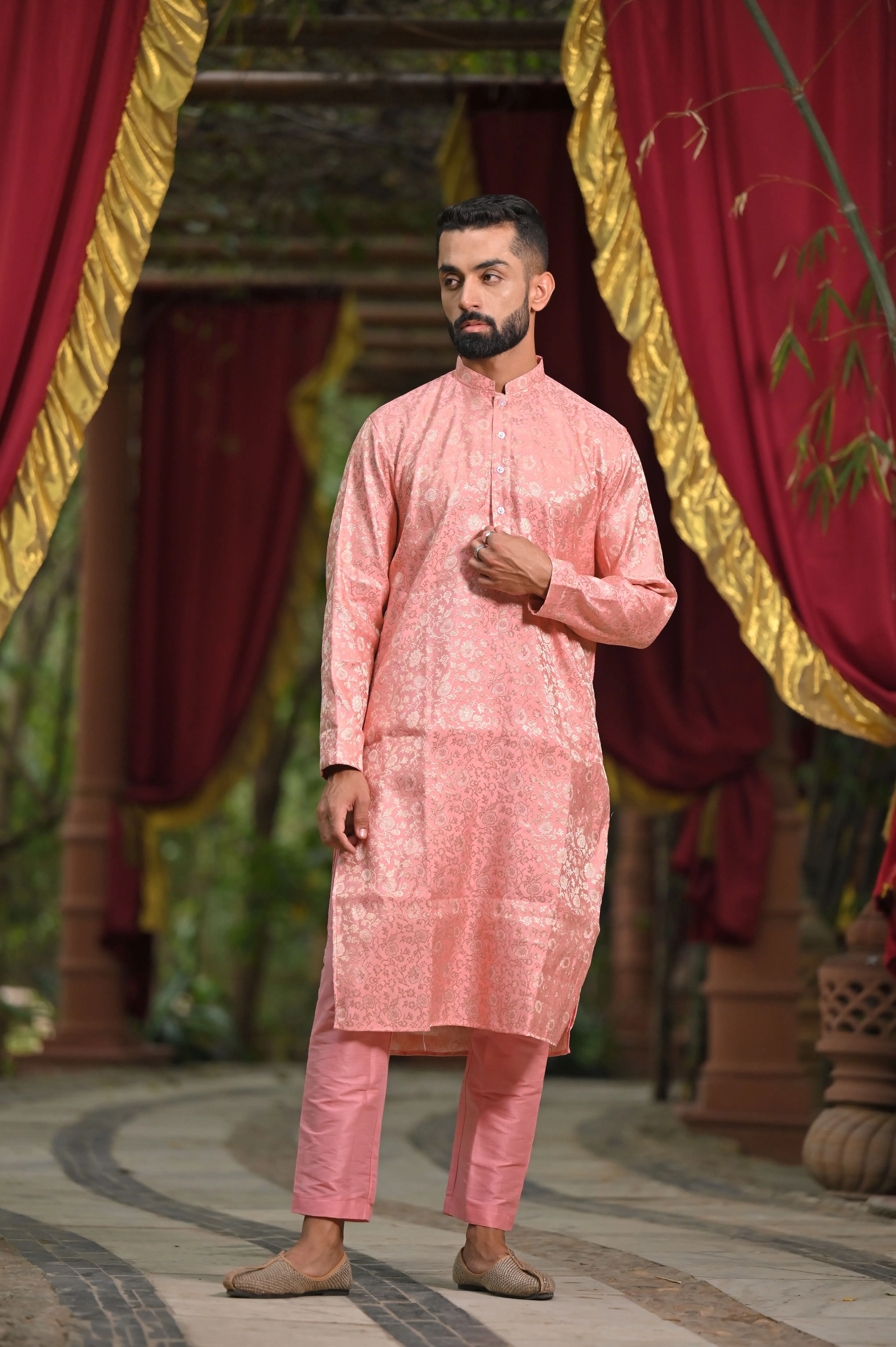 Peach Luster Brocade Kurta Pajama