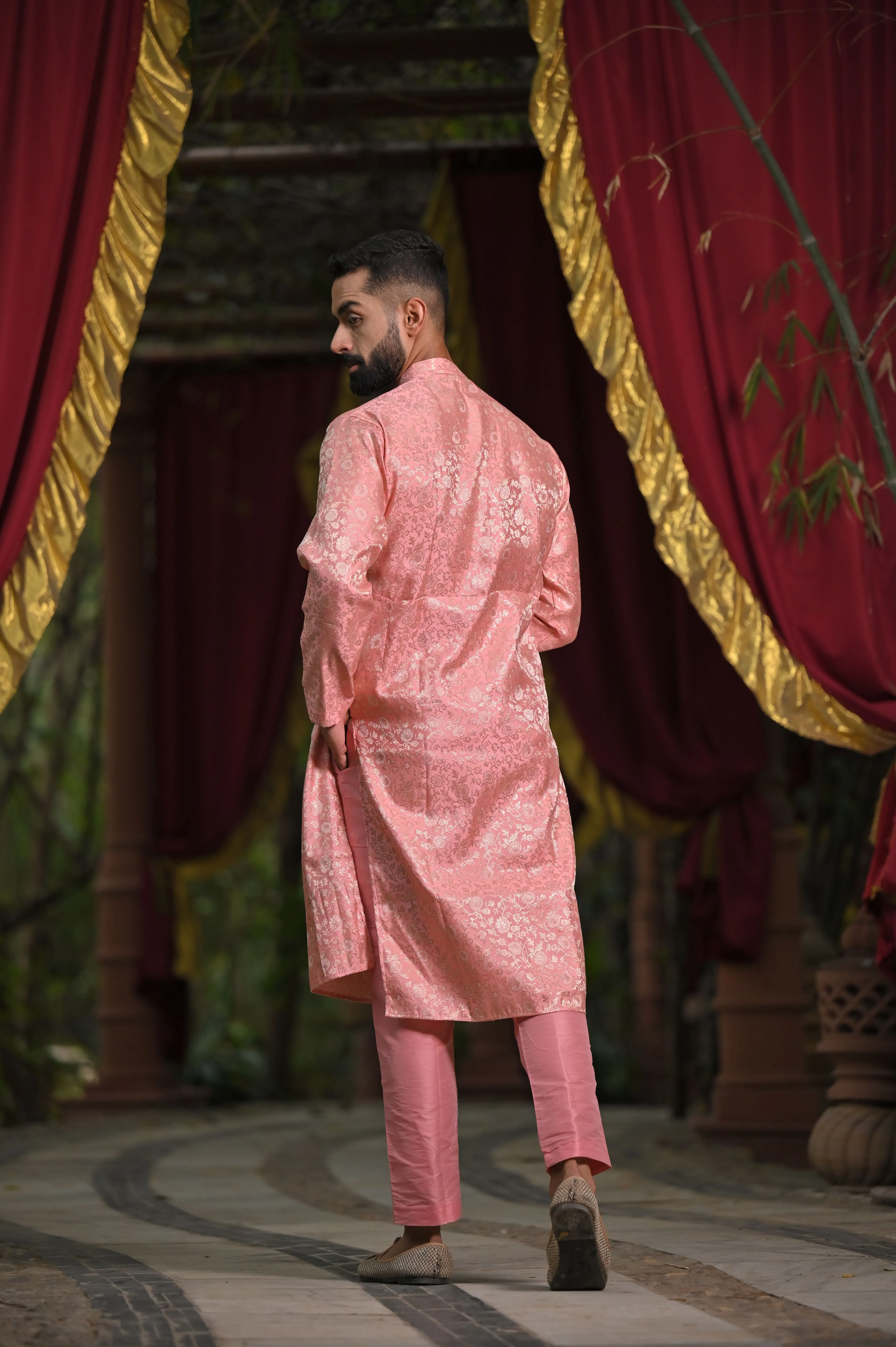 Peach Luster Brocade Kurta Pajama