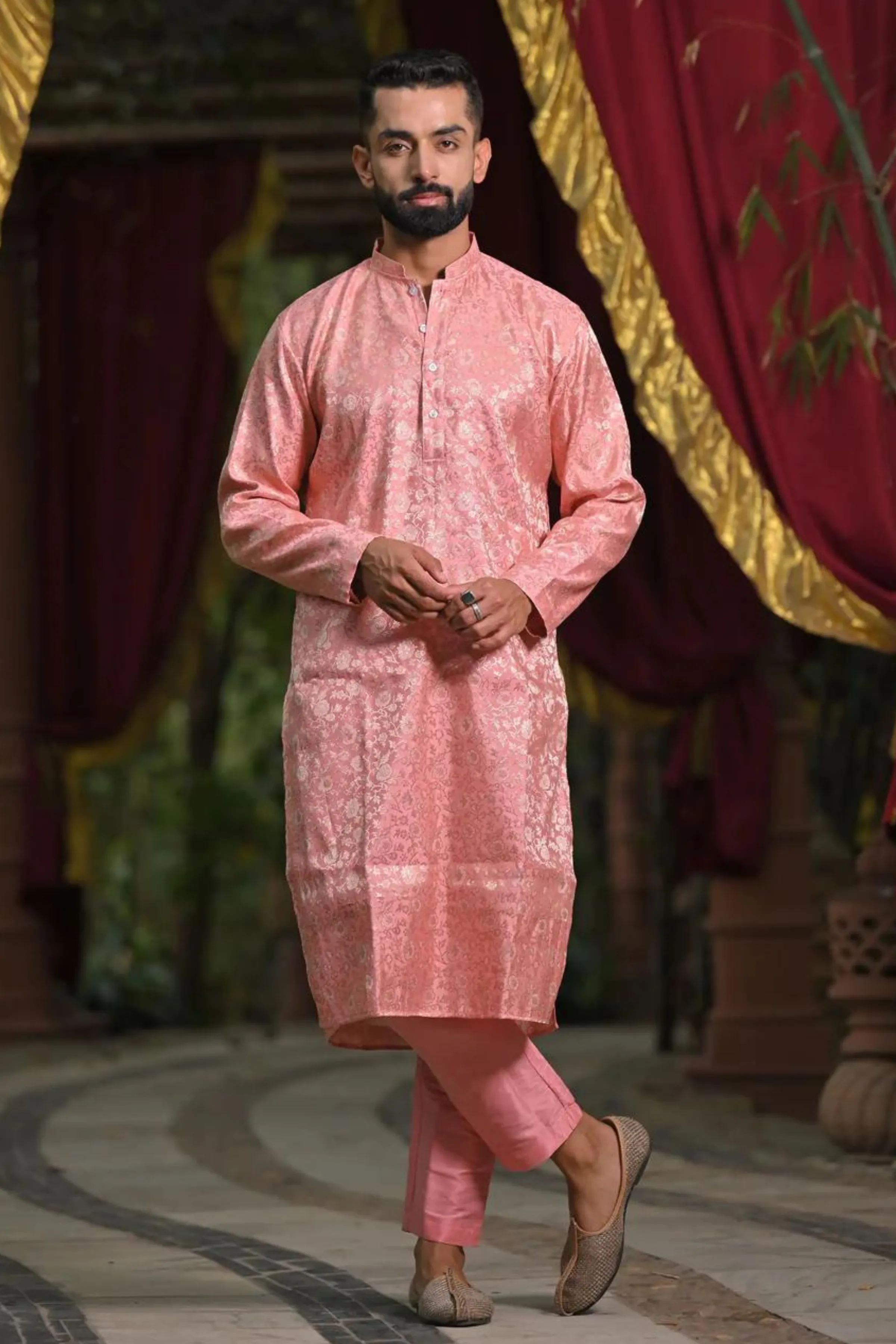 Peach Luster Brocade Kurta Pajama