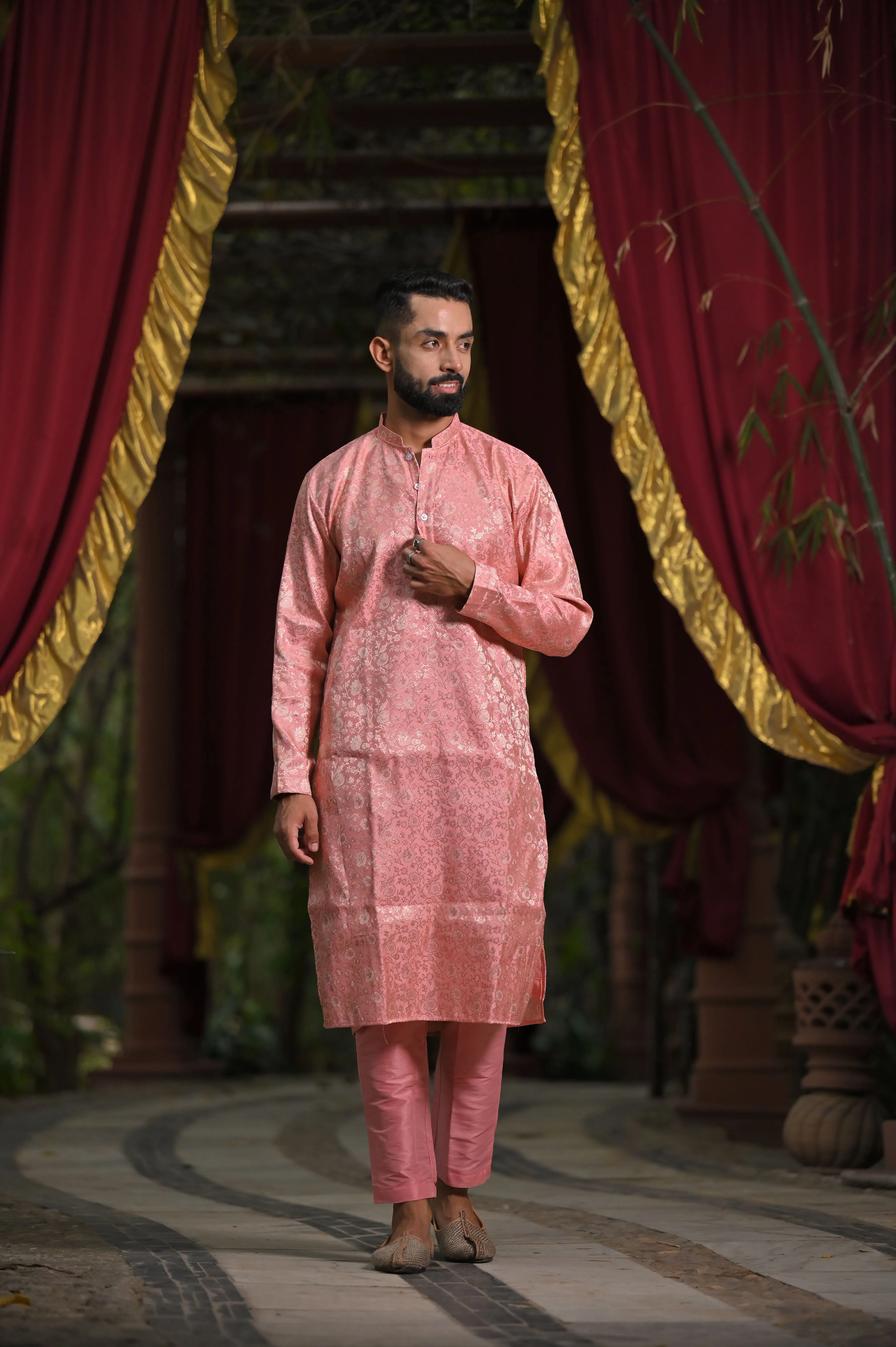 Peach Luster Brocade Kurta Pajama