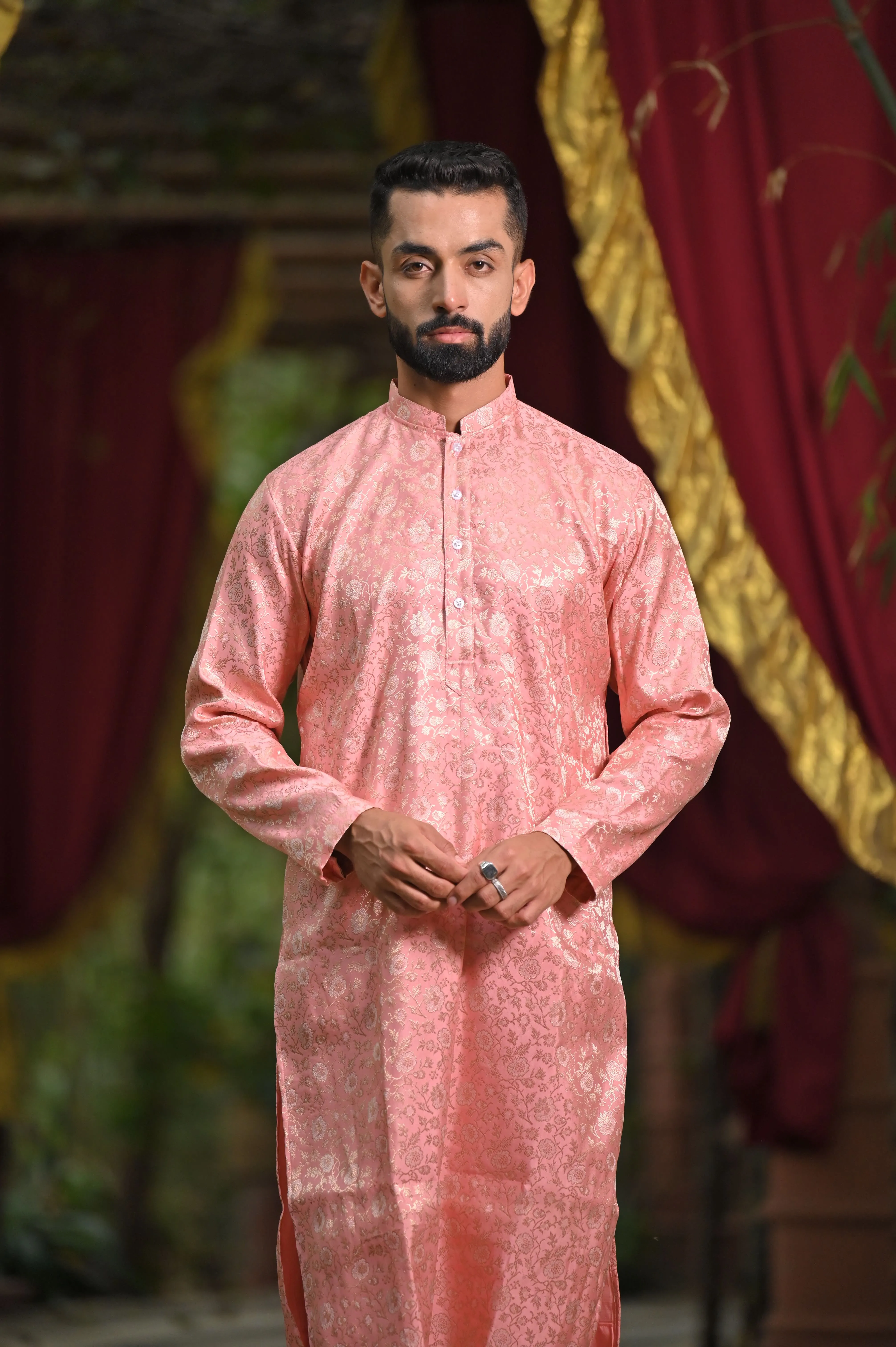 Peach Luster Brocade Kurta Pajama