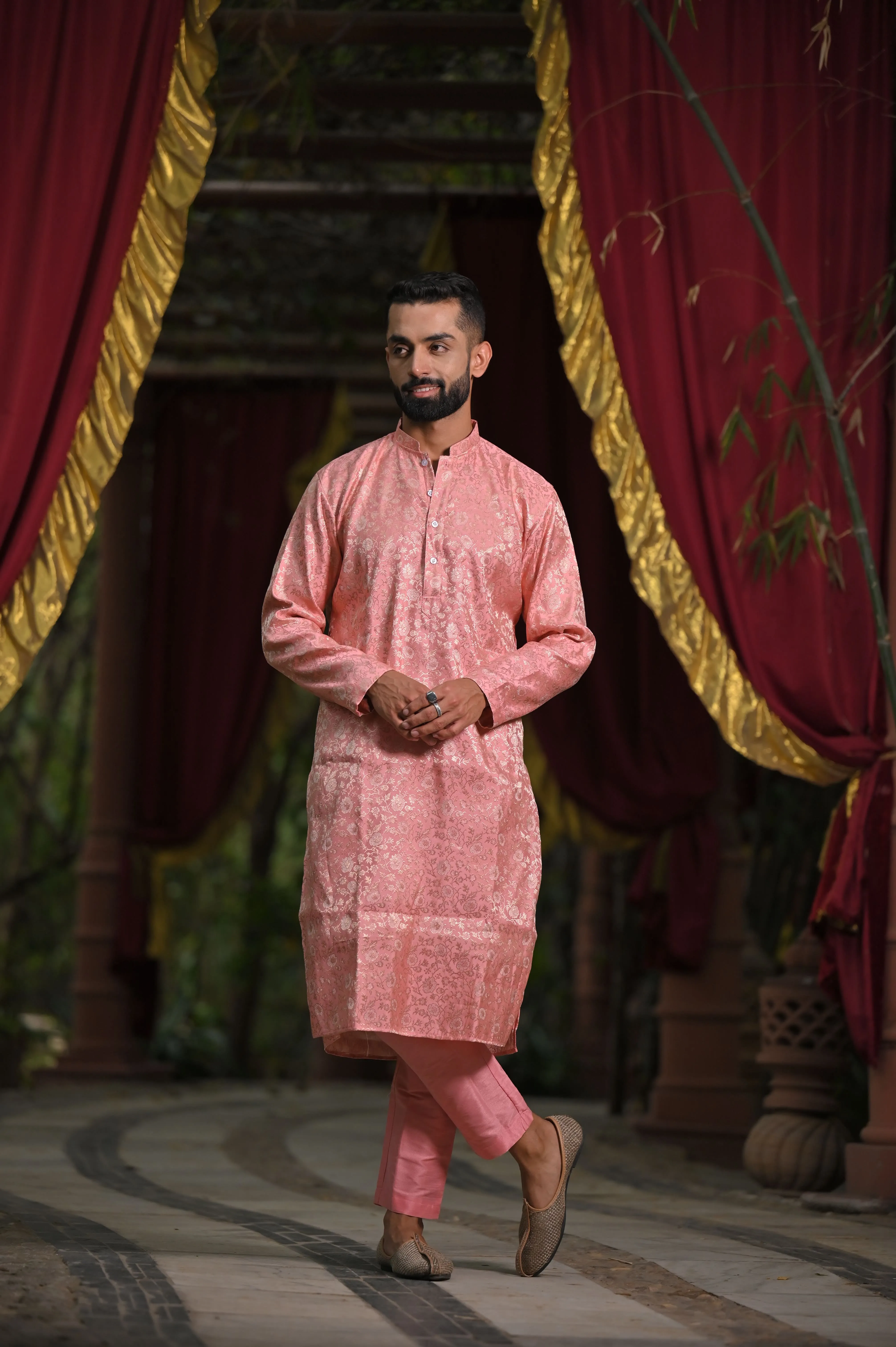 Peach Luster Brocade Kurta Pajama