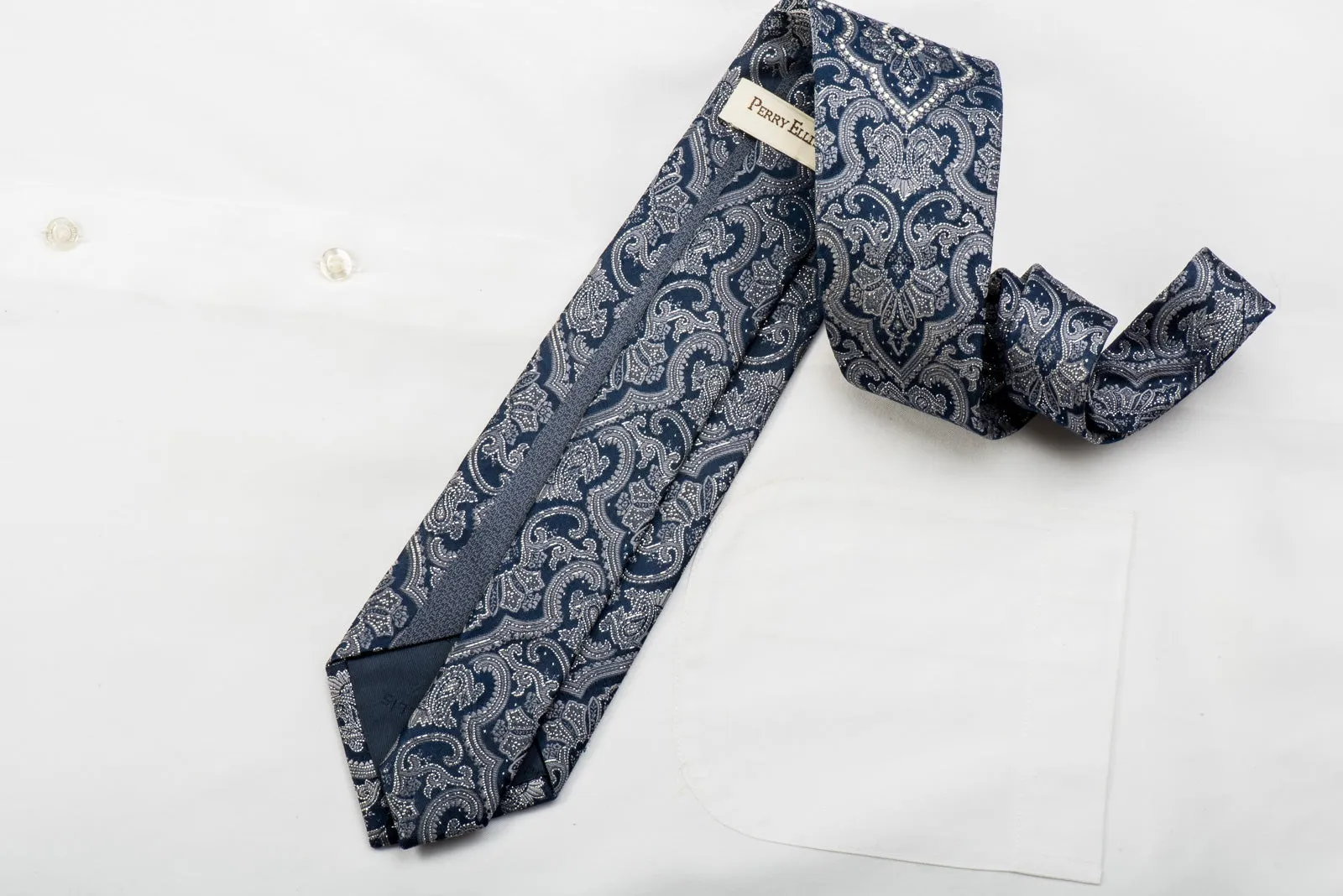 Perry Ellis Rhinestone Silk Necktie Damask On Navy With Silver Sparkles