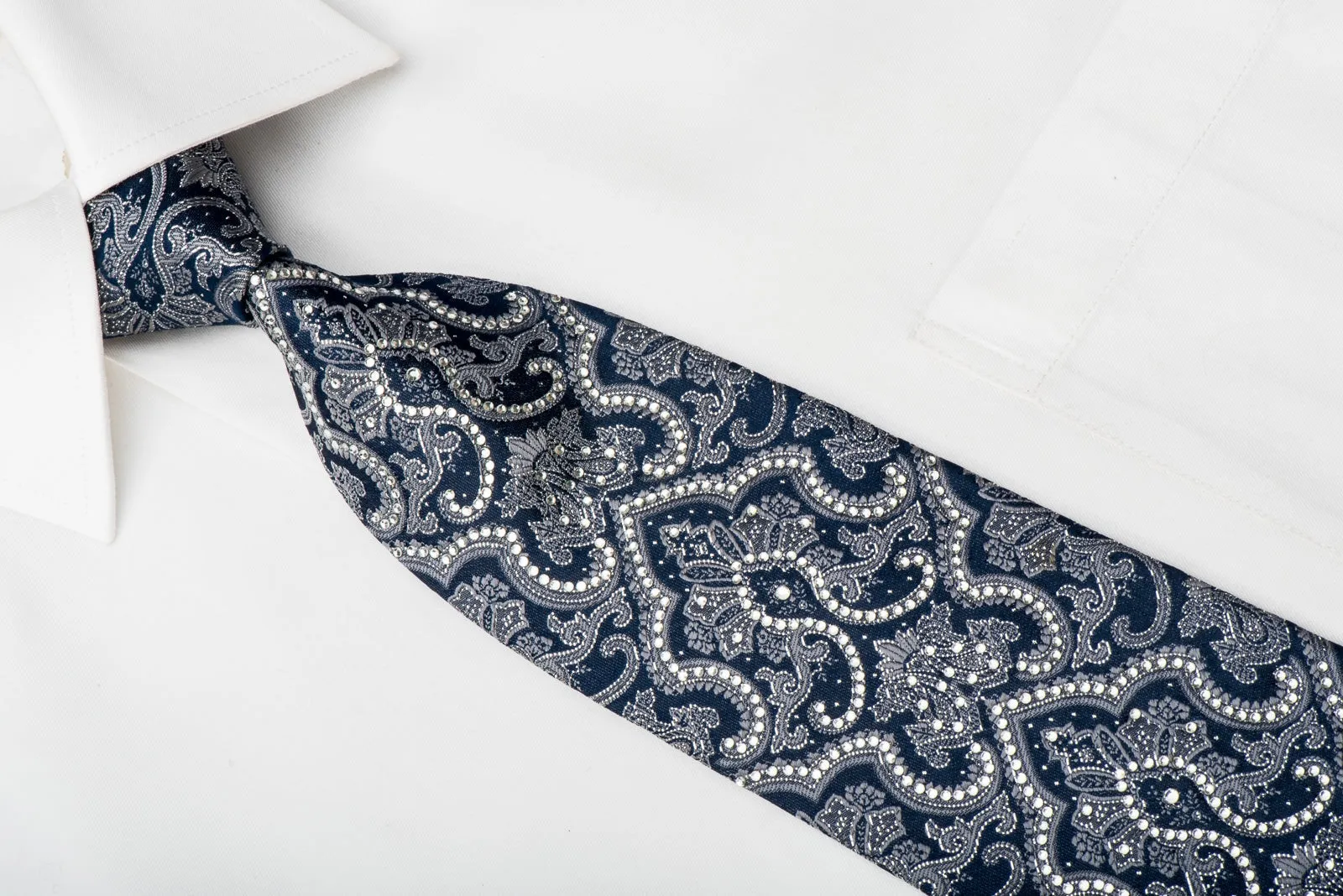 Perry Ellis Rhinestone Silk Necktie Damask On Navy With Silver Sparkles