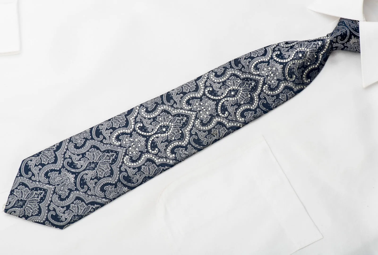 Perry Ellis Rhinestone Silk Necktie Damask On Navy With Silver Sparkles