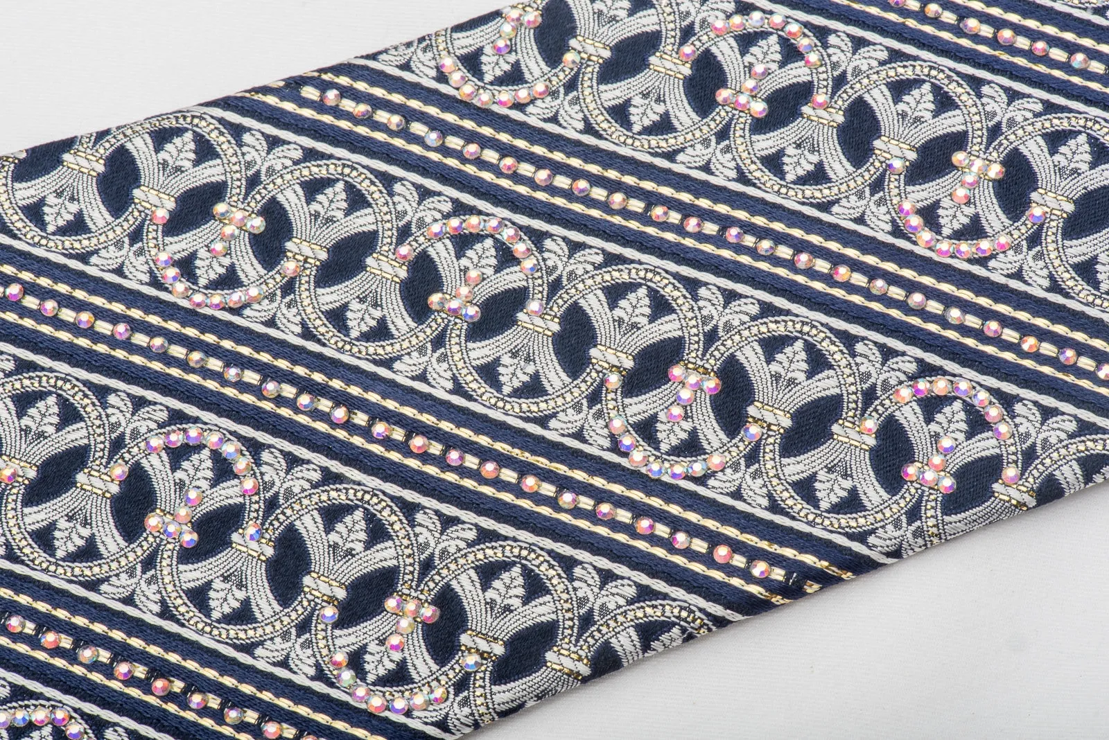 Premierlux Mens Rhinestone Silk Necktie Silver Cartouche On Navy With Sparkles